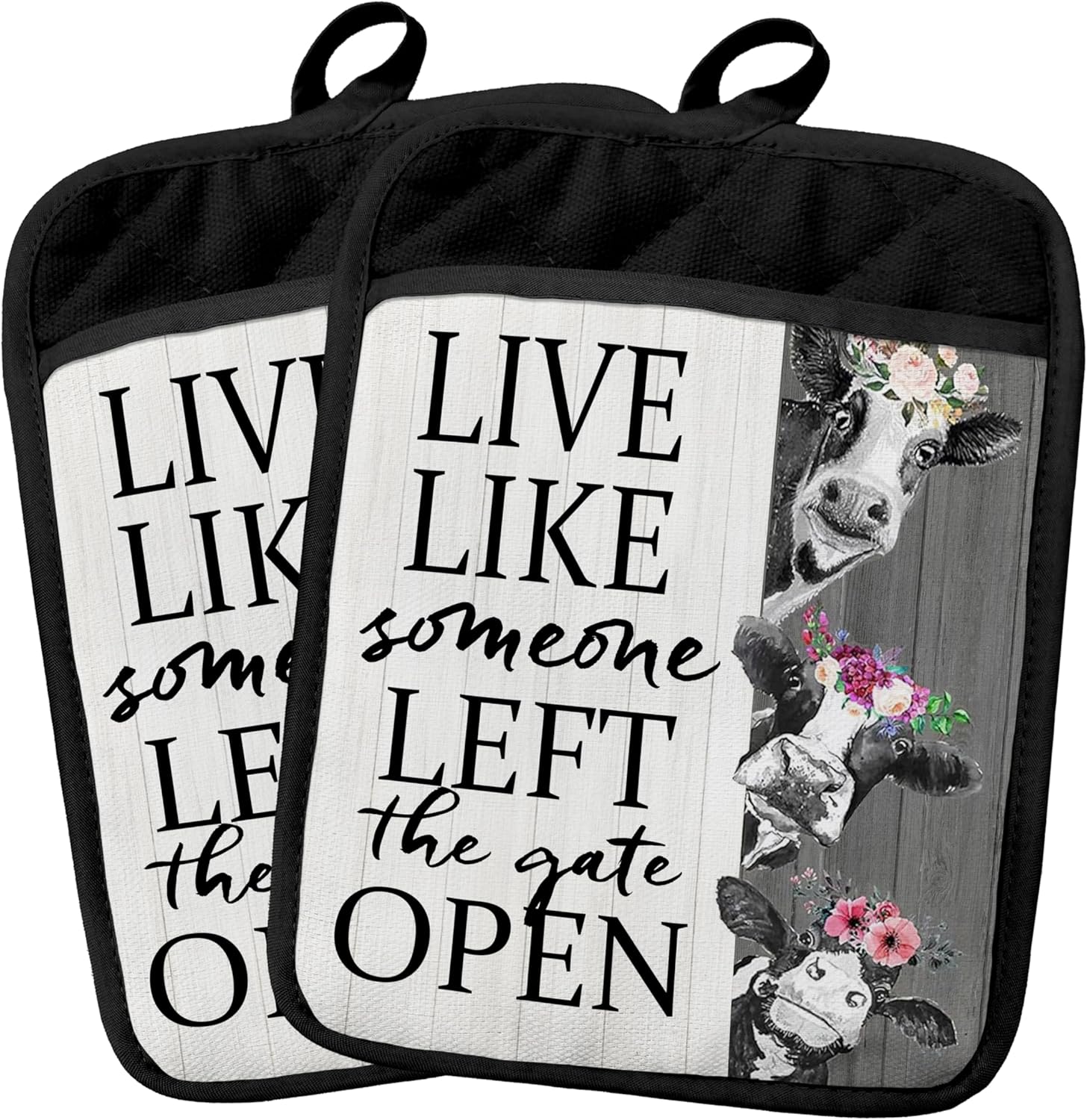 Farmhouse Floral Cow Pot Holders 2 Pack Set, Gifts for Cow Lovers, Live Like Someone Left The Gate Open Heat Resistant Oven Hot Pads for Kitchen Countertop Baking，050 Potholder