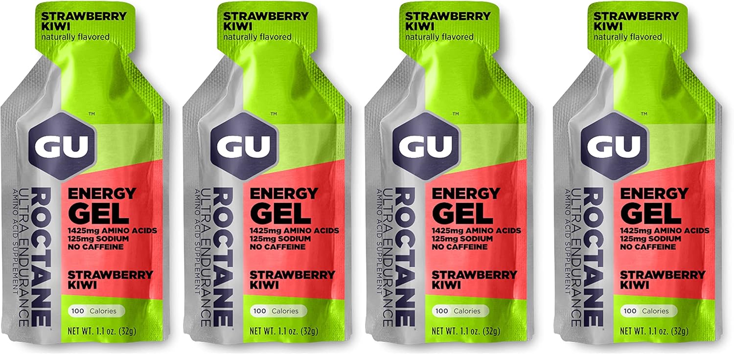 GU Energy Roctane Energy Running Gels - 4 Gel Taster Pack - Sports Energy Gels For Running, Cycling, Triathlon (4 x 32g Sachets) (Strawberry Kiwi)