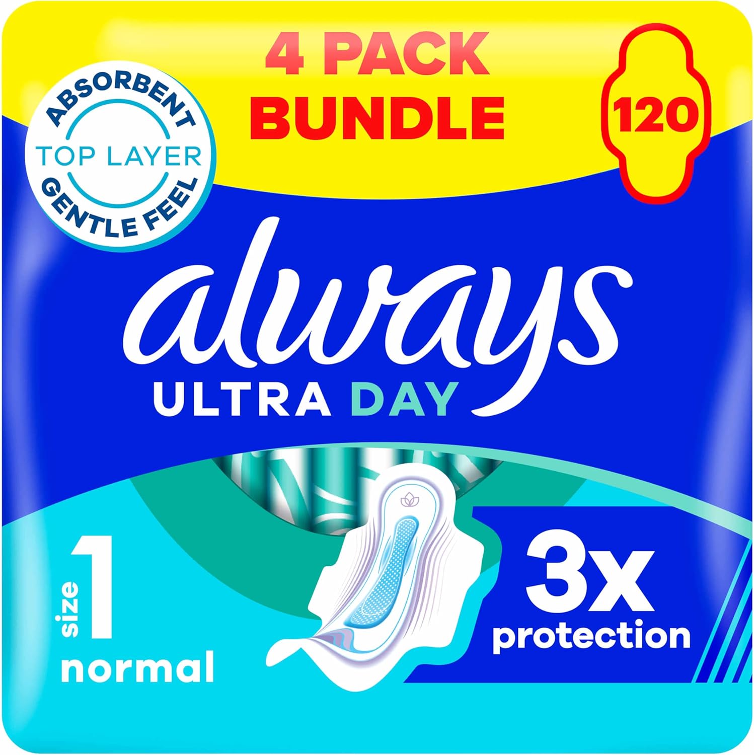 Always Ultra Day Sanitary Towels Normal (Size 1) With Wings 4 x 30 Pads, Super Absorbent And Ultra Thin, For Menstrual Periods