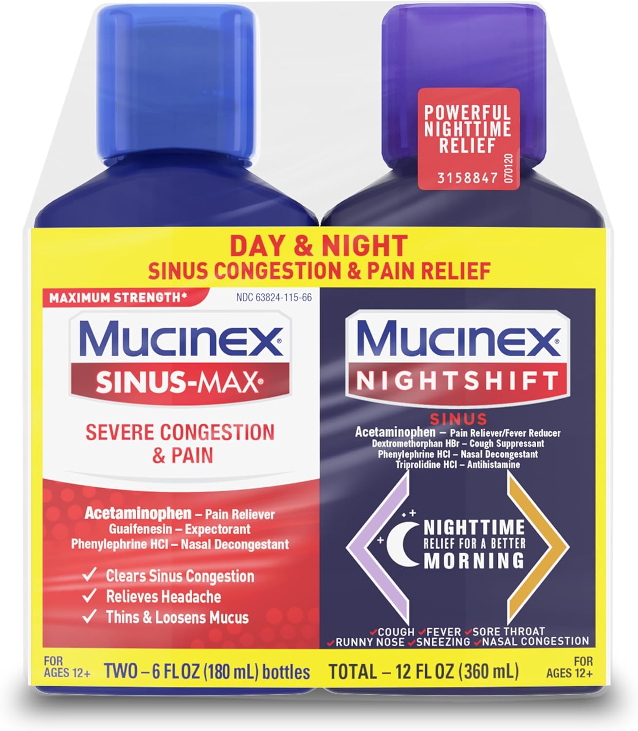 Mucinex Maximum Strength Sinus-Max Severe Congestion & Pain & Nightshift Sinus Liquid, 6 Fl Oz (Pack of 2)