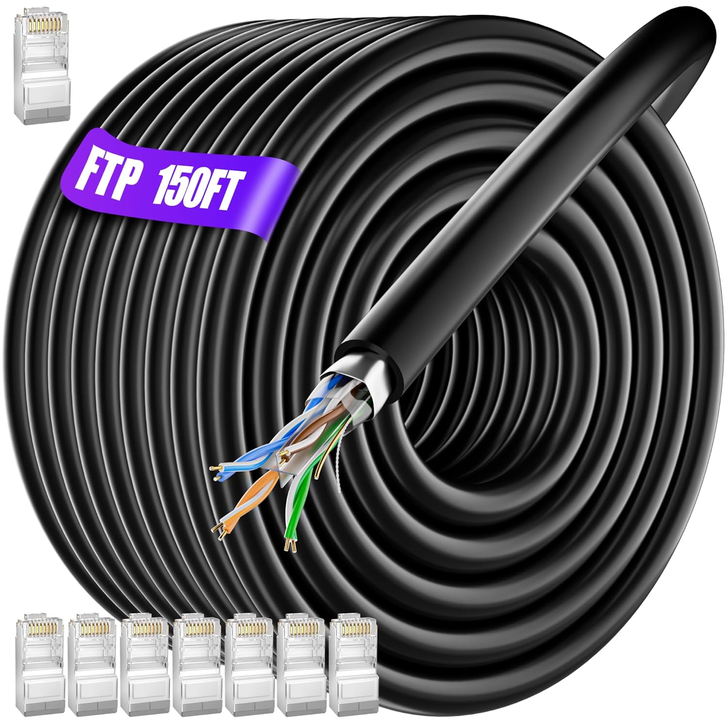 MEIPEK Cat 6 Outdoor Ethernet Cable 150ft (8 RJ45), Cat 6 Shielded Ethernet Cable Bulk, Heavy Duty 23 AWG, Direct Burial, Waterproof, UV Resistant, High Speed Cat6 RJ45 LAN Cable for Router Gaming