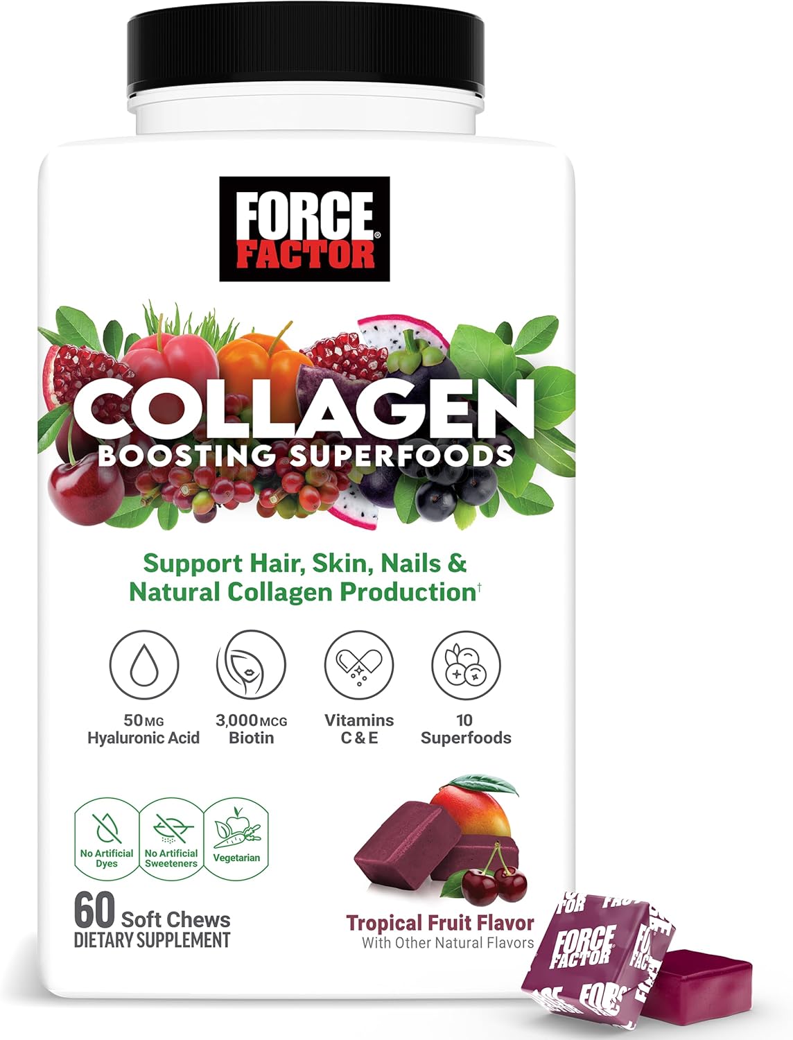 Force Factor Collagen Boosting Superfoods, Vegan Collagen Booster for Women, with Biotin, Hyaluronic Acid, and Vitamin C, for Hair, Skin, Nails, & Joint Support, Tropical Fruit, 60 Soft Chews