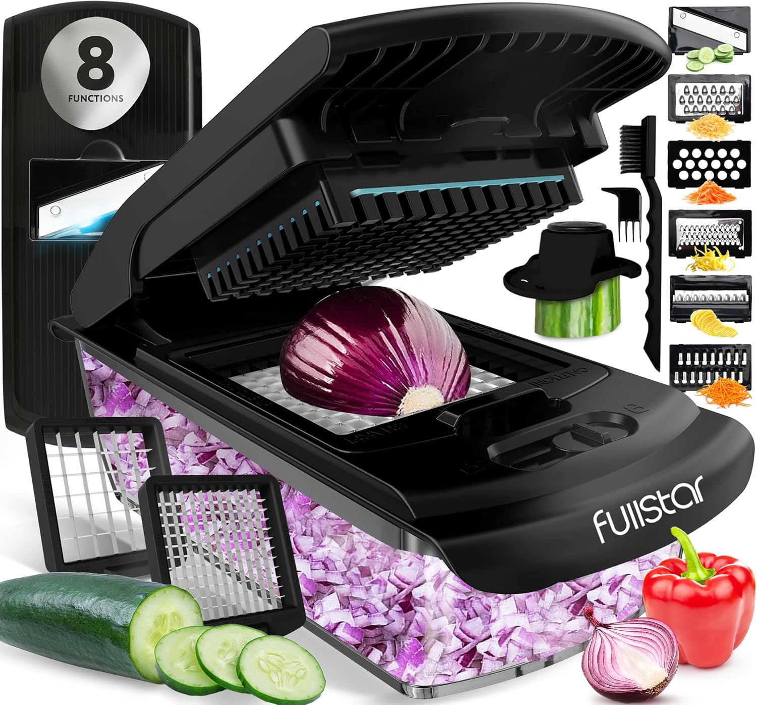 Fullstar Vegetable Chopper - Vegetable Slicer & Spiralizer - Veggie Chopper with Container - Kitchen Gadgets - Home Essentials - Kitchen Accessories (All in 1, Black)