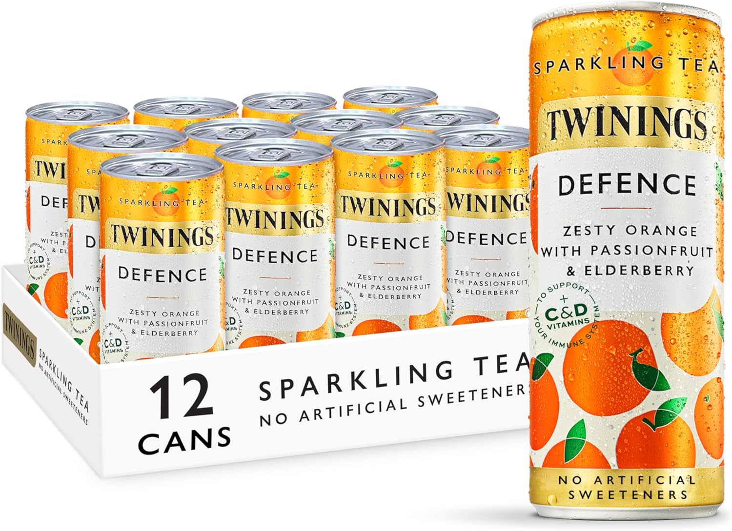 Twinings Defence-Orange and Passionfruit Flavoured Sparkling Tea-Refreshing Fruity Beverage(12X250ml Cans)-No Added Sugar,Low in Caffeine/Calorie,Healthy Alternative,Antioxidant Rich,Vegan,Gluten Free