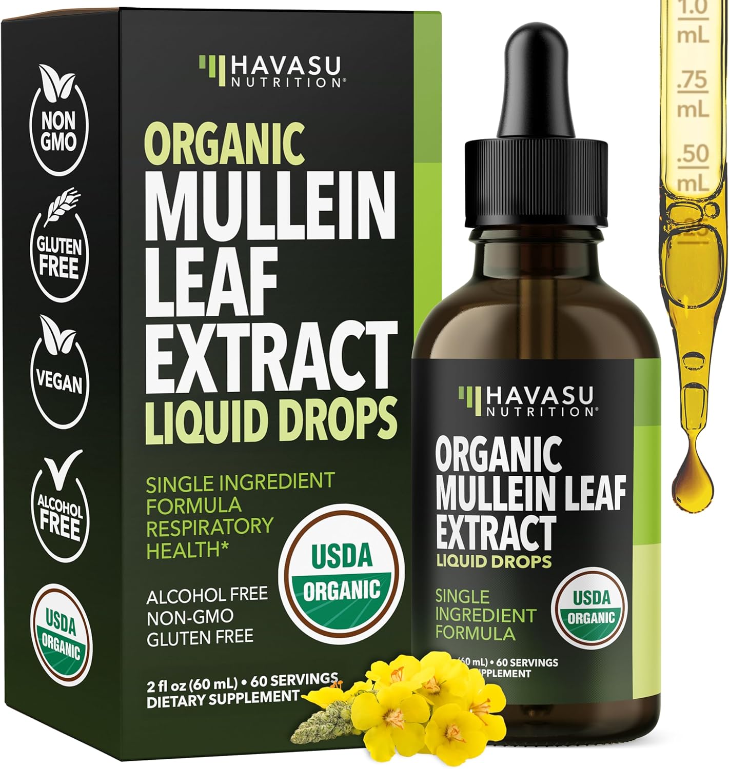 Mullein Drops for Lungs - USDA Organic Mullein Leaf Extract - Respiratory Health and Lung Support Supplement - 2 Fl Oz - Vegan, Non-GMO, and Alcohol Free Formula - Herbal Tincture - 2 Month Supply