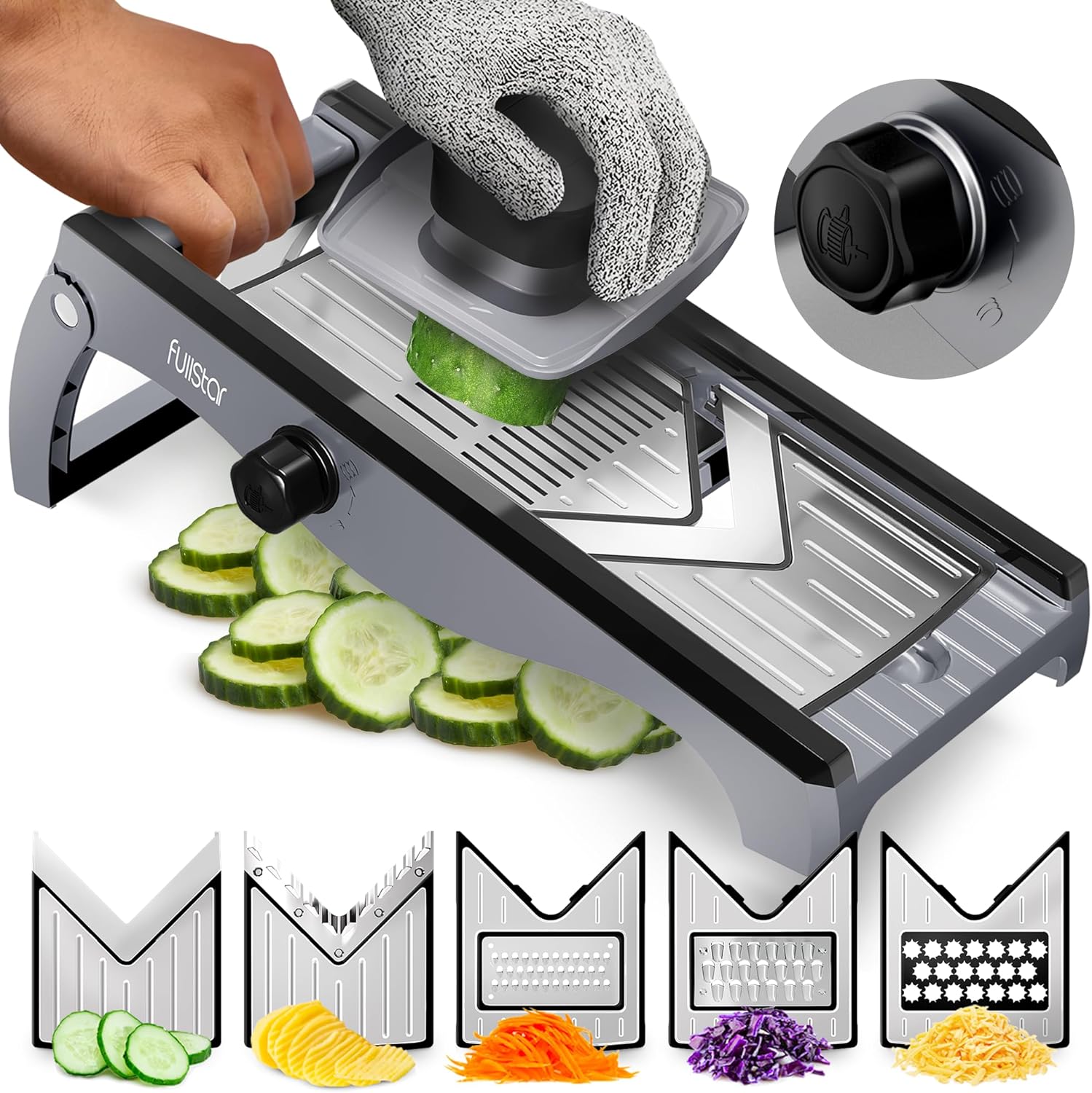 Adjustable Kitchen Mandoline Vegetable Slicer - Mandoline Food Slicer - Mandolin Veggie Julienne Cutter & Cheese Grater - Potato Veg Slicer - Kitchen Tools & Gadgets (5-in-1 Stainless Steel)