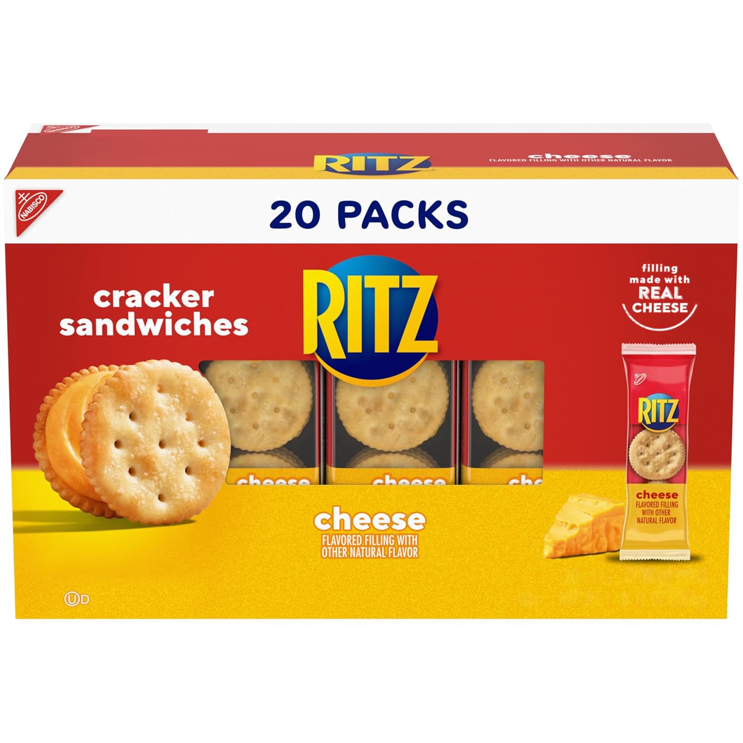 RITZ Cheese Sandwich Crackers, Lunch Snacks, 20 Snack Packs (6 Crackers Per Pack)