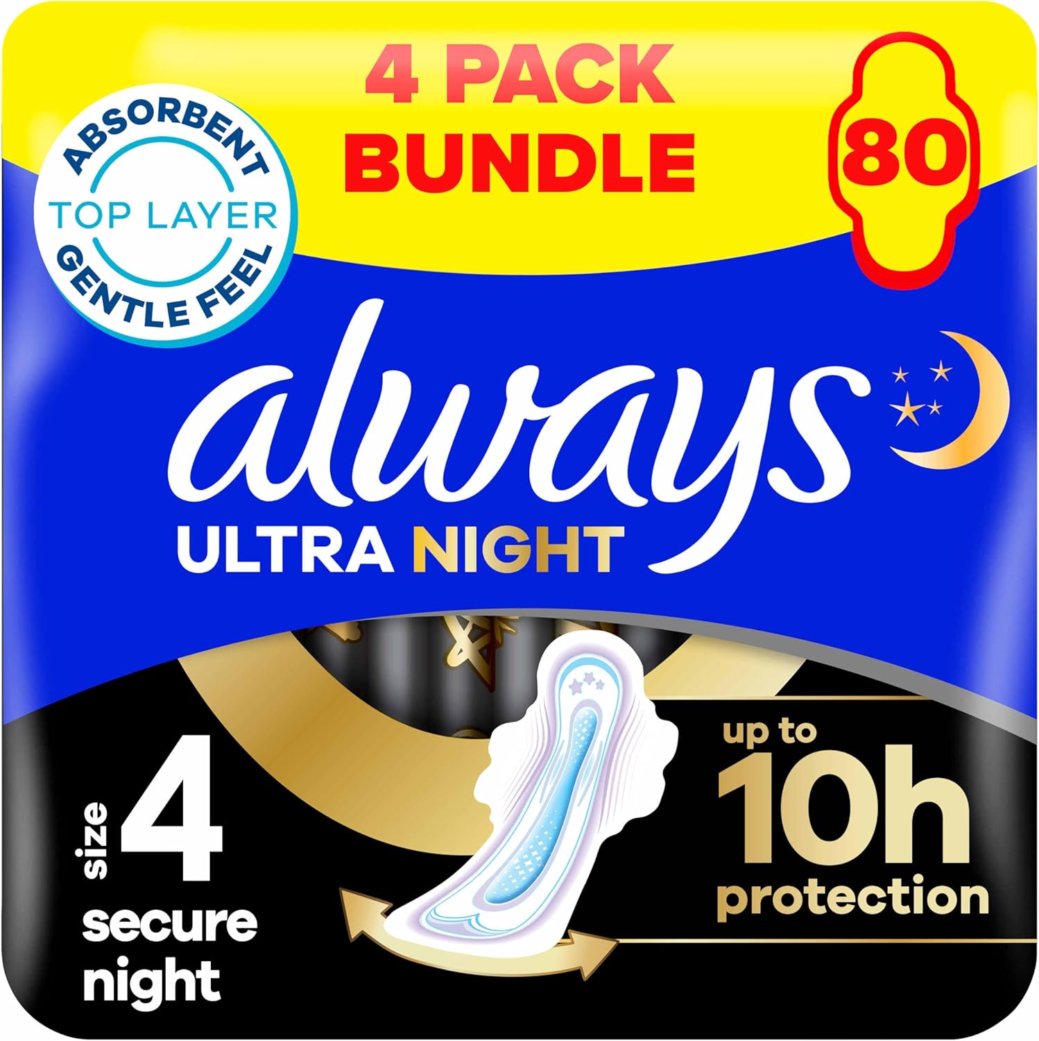 Always Ultra Sanitary Towels Secure Night (Size 4) Wings X20 Pads, Super Absorbent and Ultra Thin, for Menstrual Periods 20 x 4