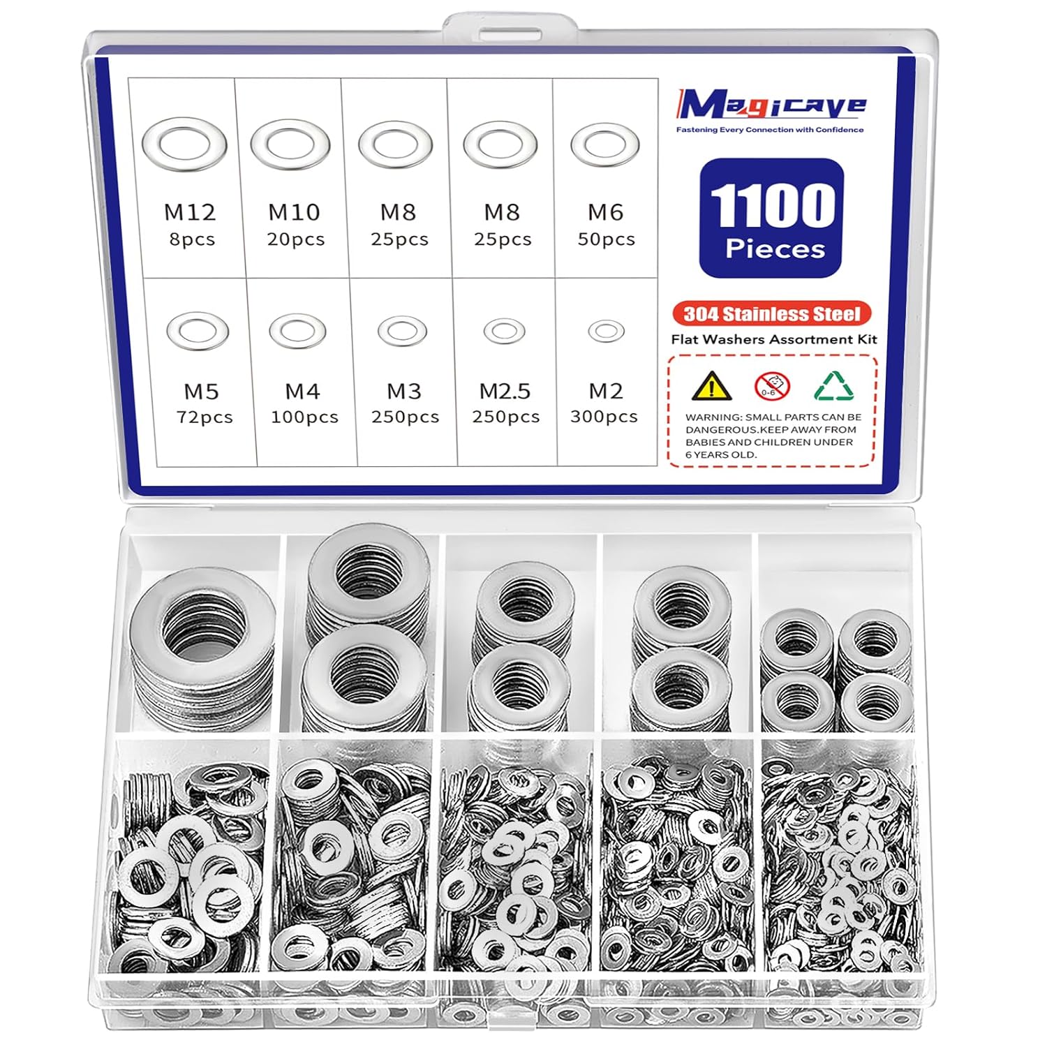 1100 Pcs Flat Washers Assortment Kit – 304 Stainless Steel, 9 Metric Sizes (M2–M12), Metal Washers for Screws and Bolts – Ideal for Automotive, Construction, Industrial, and DIY Use