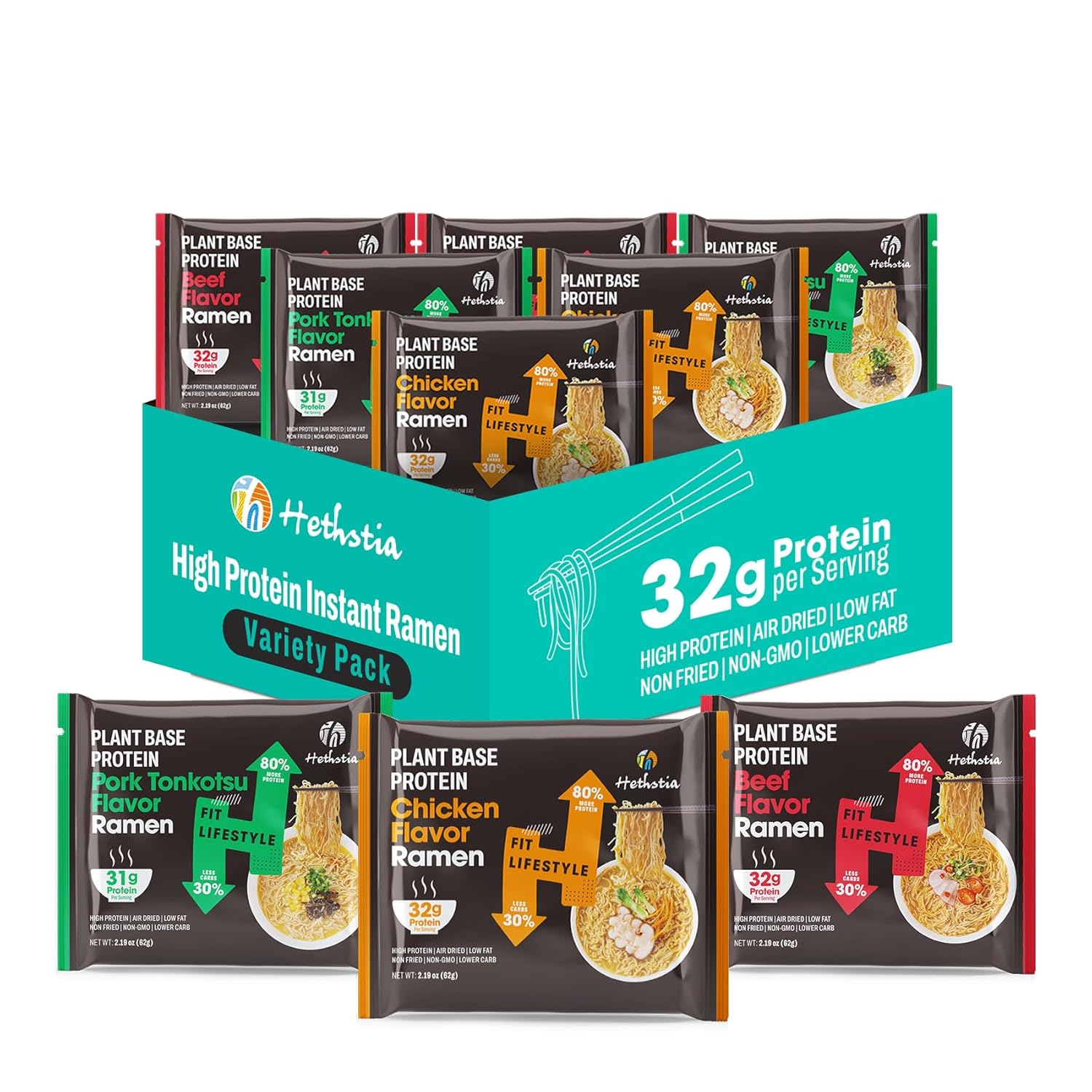 Hethstia High-Protein Instant Ramen Variety Pack (Chicken, Beef, Pork Tonkotsu), 6 Pack Non-Fried Ramen Broth, 31g Plant-Based Protein, Air-Dried, Low Fat, Non-GMO, Egg-Free, Dairy-Free, Healthy Meal