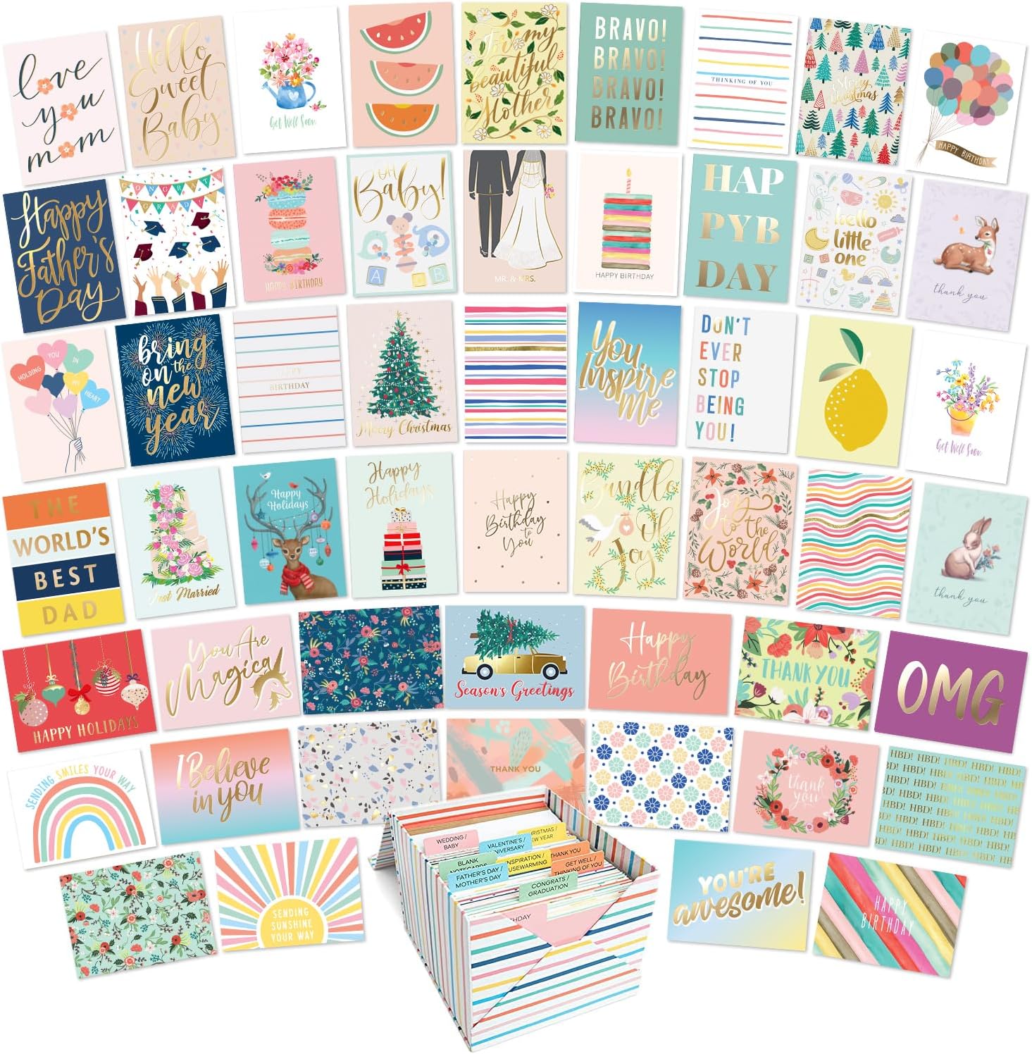 Sweetzer & Orange 100 All Occasion Cards & Envelopes Set - Greeting Notecards Assortment Box - Birthday Cards Bulk for Office, Thank You, Holiday, Blank Notecards & more – Organizer Box Included