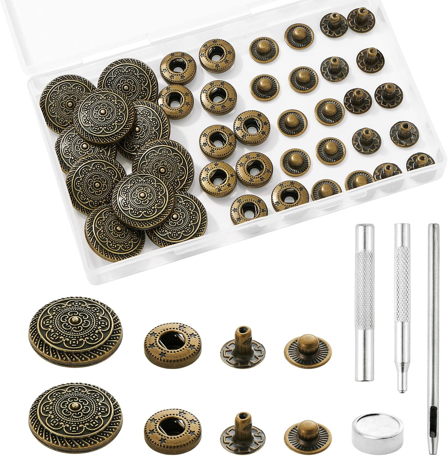 10 Sets Snaps Alloy Brass Snap Buttons Leather Snap Fasteners Kit,20mm Metal Button Snaps Press Studs with 4 Setter Tools for Clothes Bracelet Jackets Jeans(Style9)