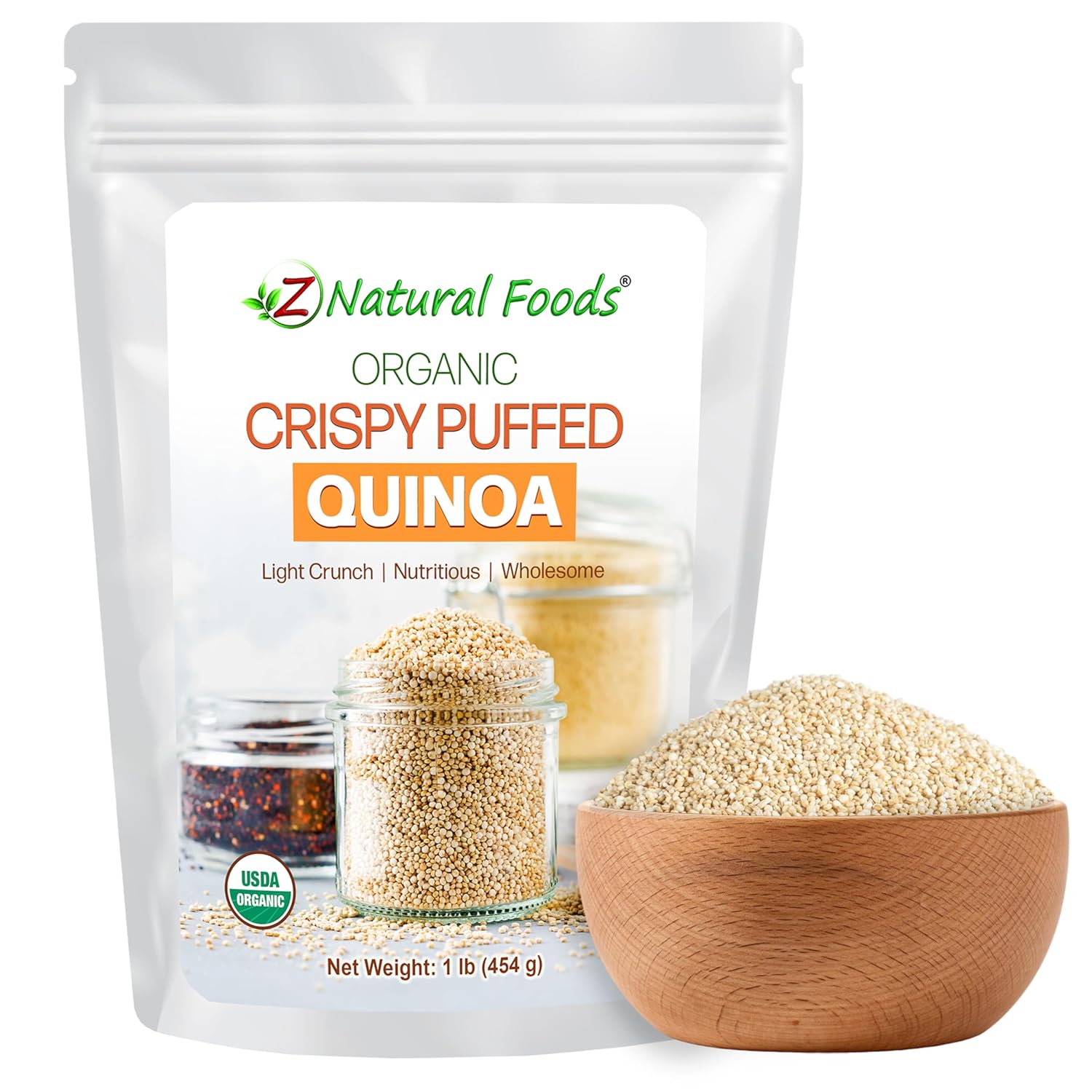 Z Natural Foods Organic Crispy Puffed Quinoa - Real Crisped Quinoa Vegan Superfood - Healthy Quinoa Crisps Snacks for Adults & Kids - Crispy Quinoa Puffs for Baking, Snacks, Yogurts, Gluten-Free, 1 lb