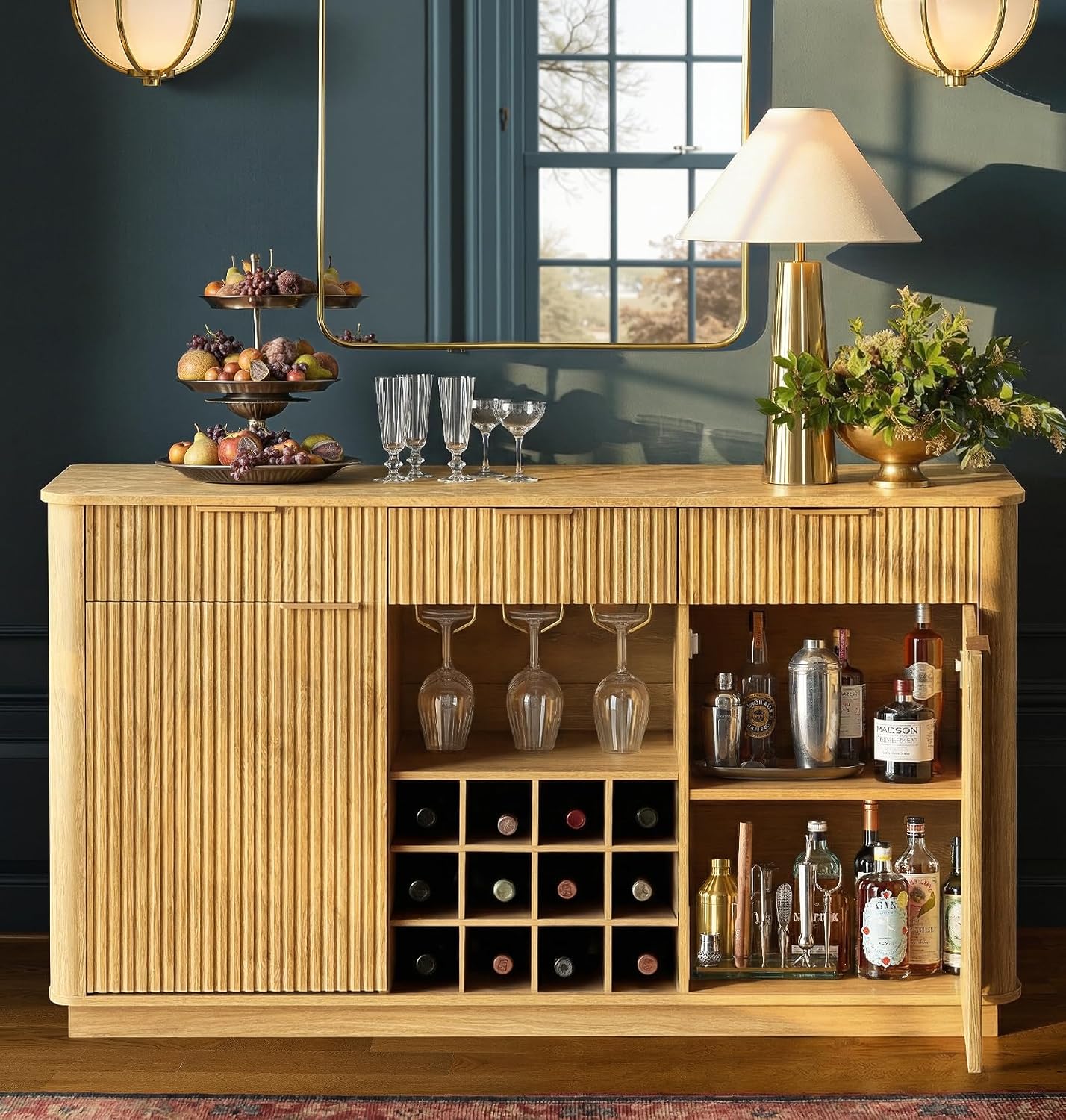 win2win 59" Fluted Wine Bar Cabinet, Mid-Century Modern Sideboard, Oak | Home Bar with Faux Marble Top, 3 Spacious Drawers, 3 Stemware Racks, 12 Wine Racks, 2 Side Cabinets, Kitchen Dining Room