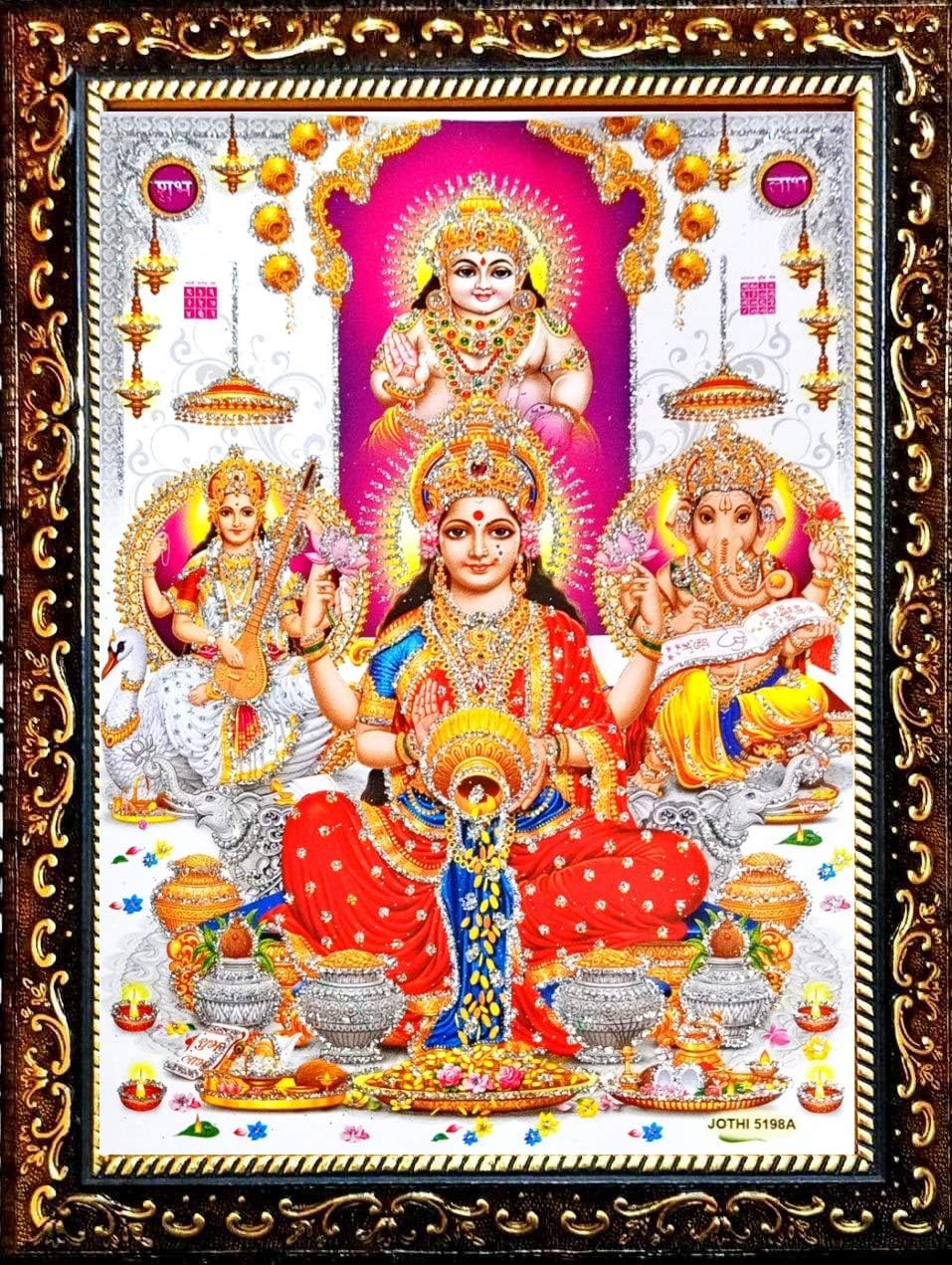 Suninow Digital Art Photo of laxmi Ganesh Saraswati with kuber ji Photo Frame | god Goddess Photo Frame