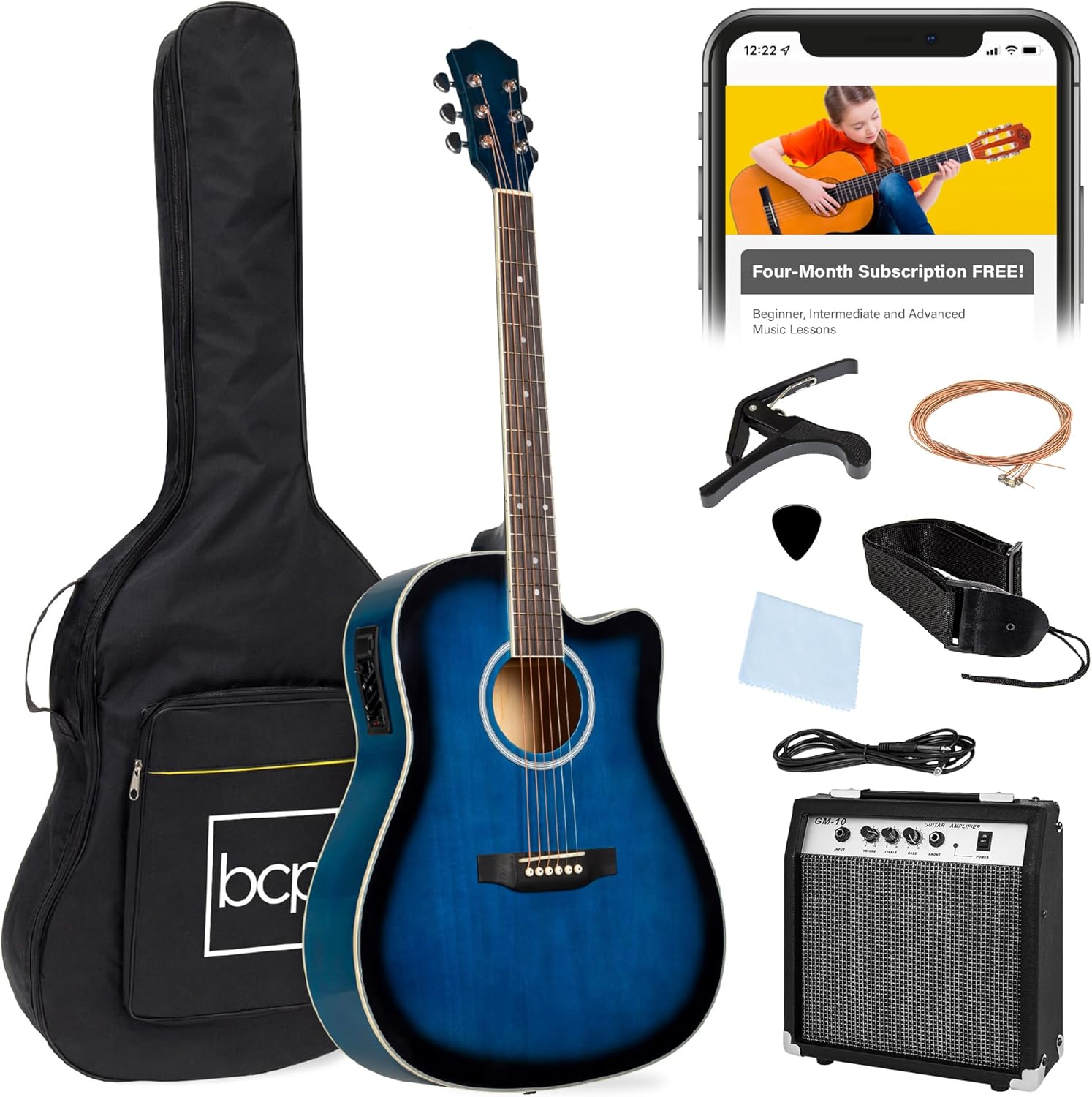 Best Choice Products Beginner Acoustic Electric Guitar Starter Set w/ 41in, All Wood Cutaway Design, Gig Bag, Strap, Picks - Blue