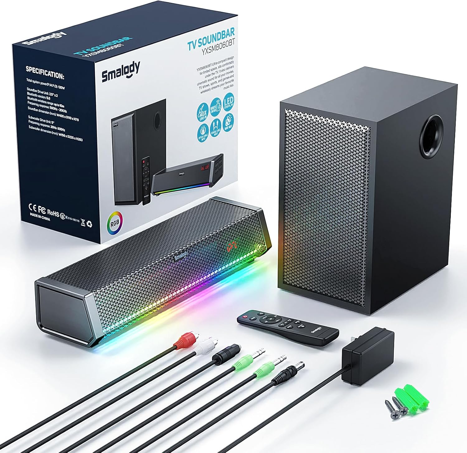 Smalody TV Speakers, Home Theater Speaker Wireless Audio Sound bar TV Speaker + Bass Subwoofer, Bluetooth Enabled/Optical/AUX/COAXIAL Inputs/Remote Control