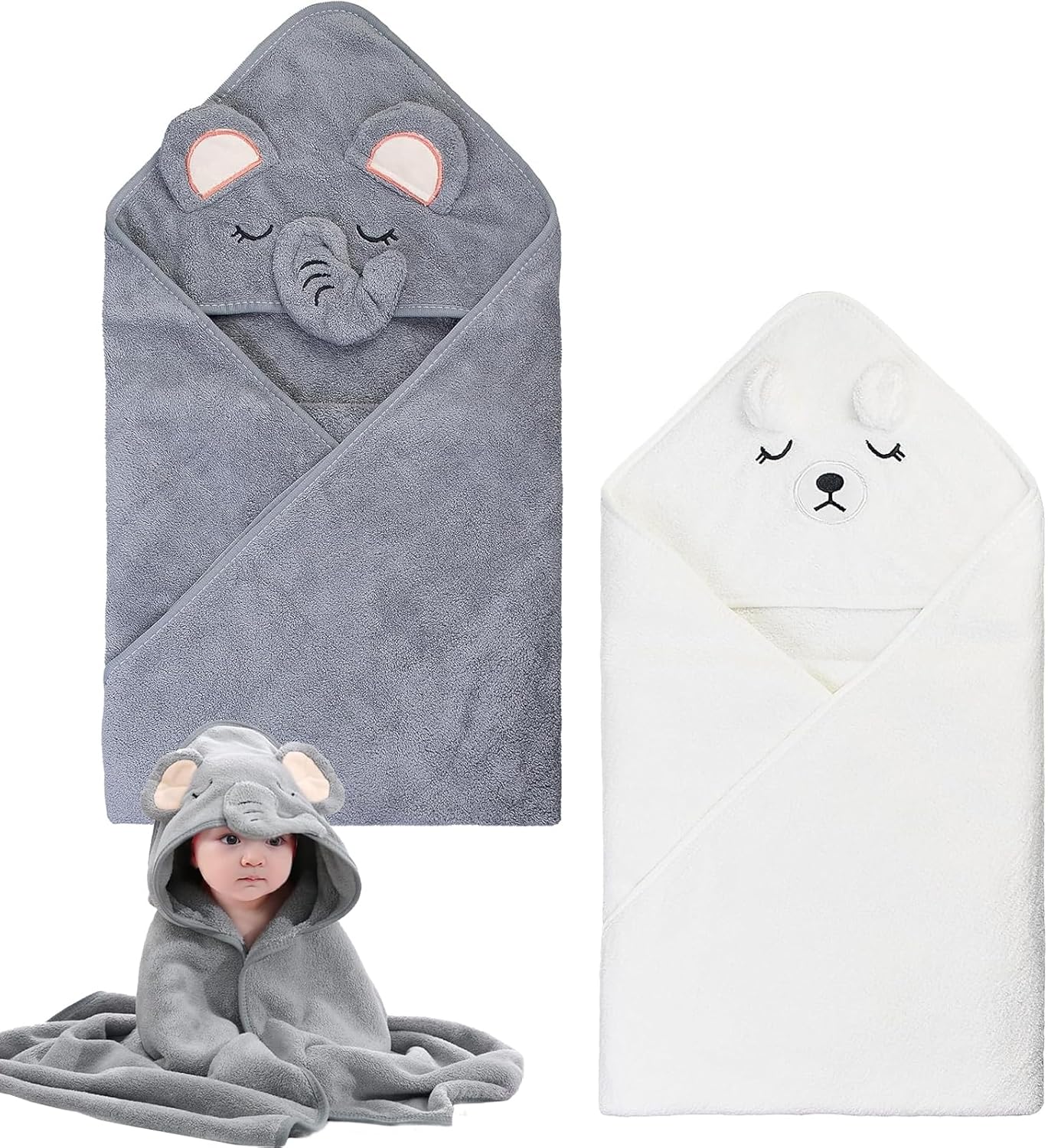 2 Pcs Baby Towels Newborn Hooded Baby Towel Hooded Towel Baby Baby Hooded Towel Baby Towels Baby Bath Towel Animal Design Baby Bath Towel for Boy and Girl Baby Gift Set (Elephant,White Bear)