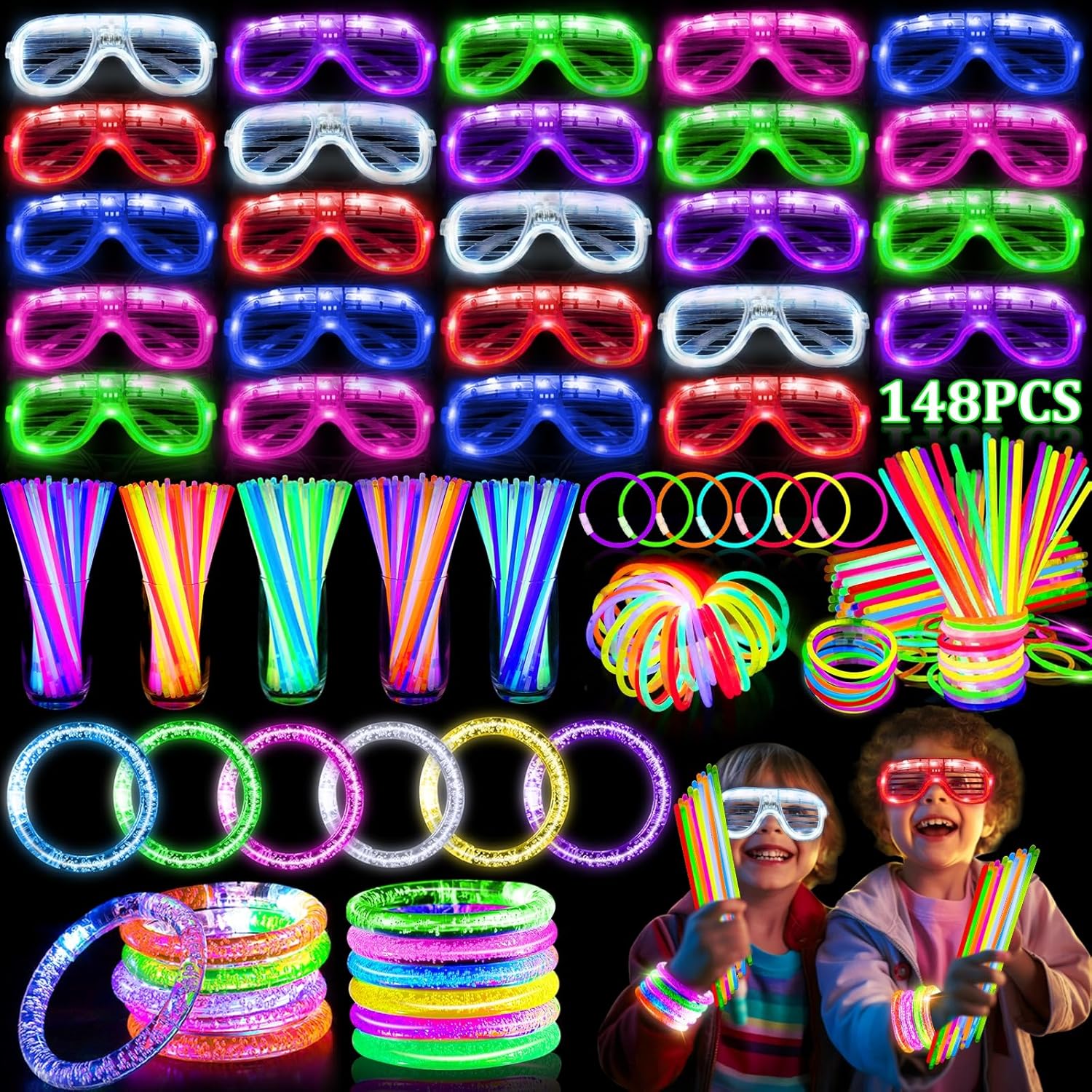 148 PCS Glow in the Dark Party Supplies Light Up Toys with 24 Led Glasses, 24 Flashing Bracelets and 100 Glow Sticks Bulk Party Favors for Kid Adult Birthday Wedding Carnivals Concert Halloween