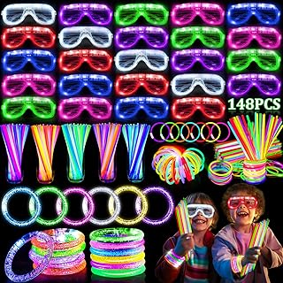 148 PCS Glow in the Dark Party Supplies Light Up Toys with 24 Led Glasses, 24 Flashing Bracelets and 100 Glow Sticks Bulk Party Favors for Kid Adult Birthday Wedding Carnivals Concert Halloween