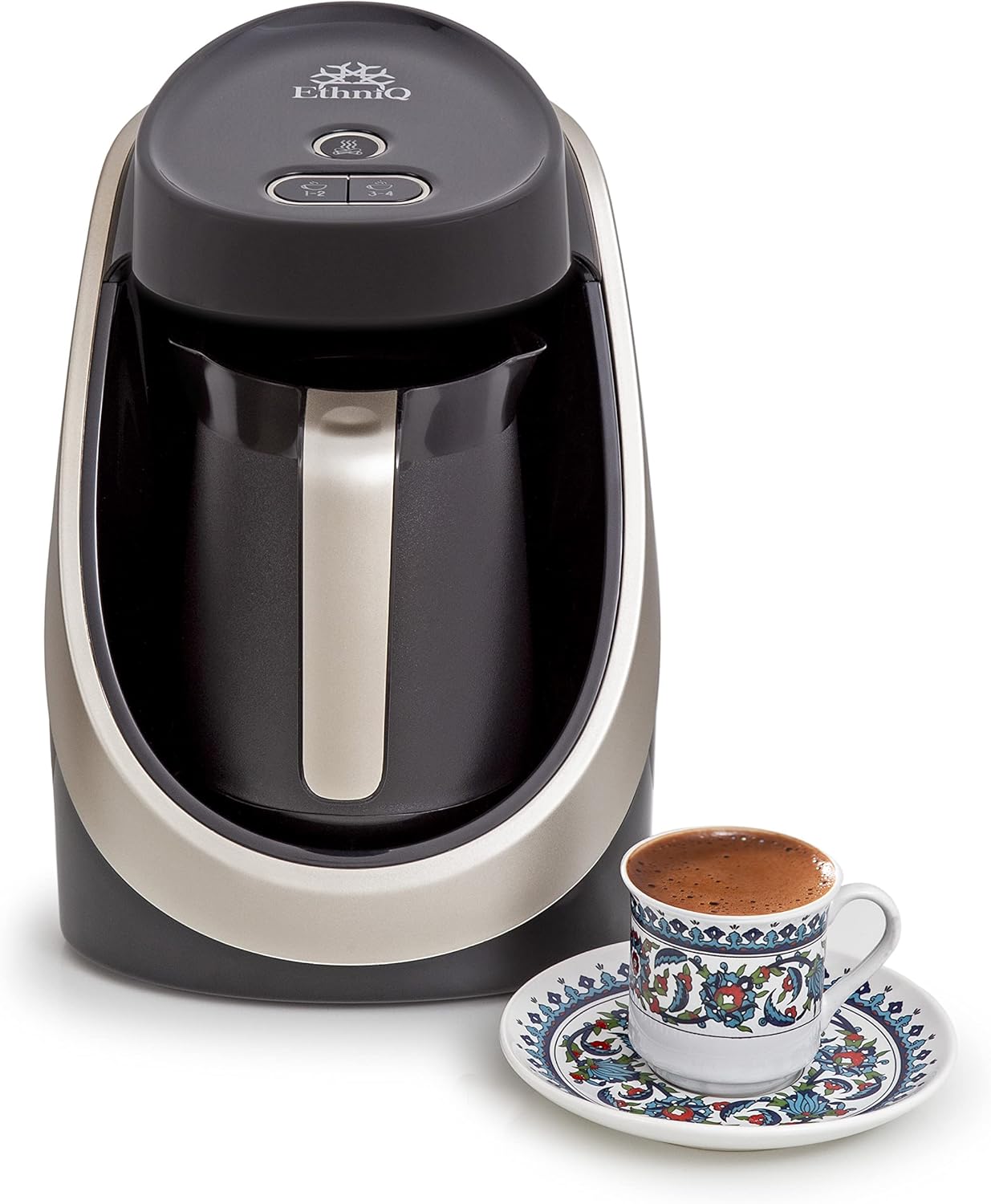 ETHNIQ Turkish Coffee Maker - 100% BPA Free, 120V, 1 to 4 Cup Brewing Capacity with Cook Sense Technology for Delicious Cup of Turkish & Greek Coffee, Turkish Coffee Pot - Black/Silver