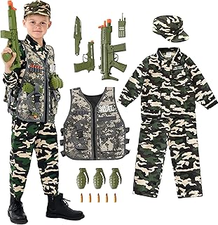 Army Uniform Cosplay Costume Soldier Outfits with Clothes, Tatical Vest and other Toys Acessories for Kids