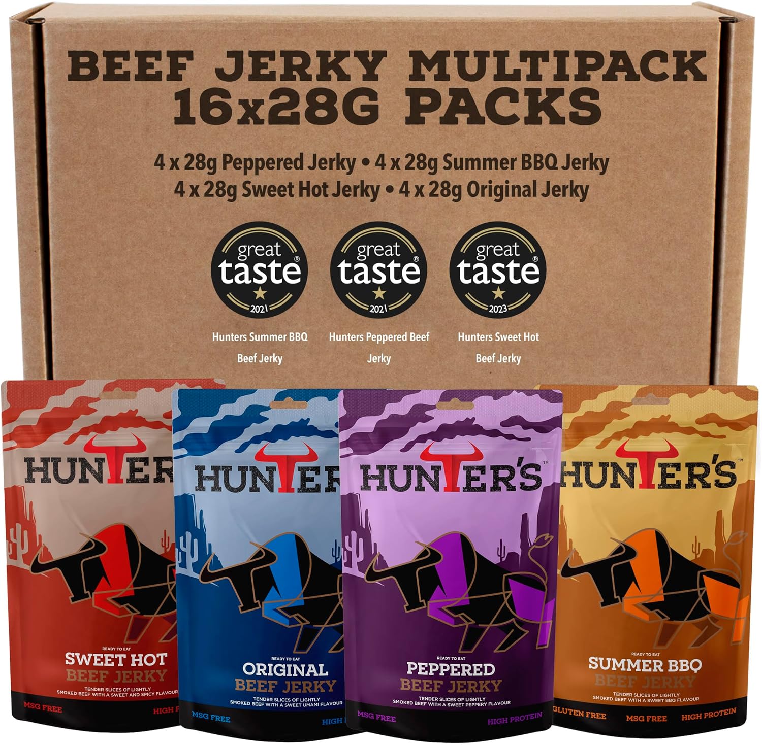 Hunters Beef Snack 16 Pack Variety Beef Jerky, 448g Mixed Flavours - Grass Fed Meat Snacks - Low Calorie Carnivore High Protein Snacks - Meat Strips Snack