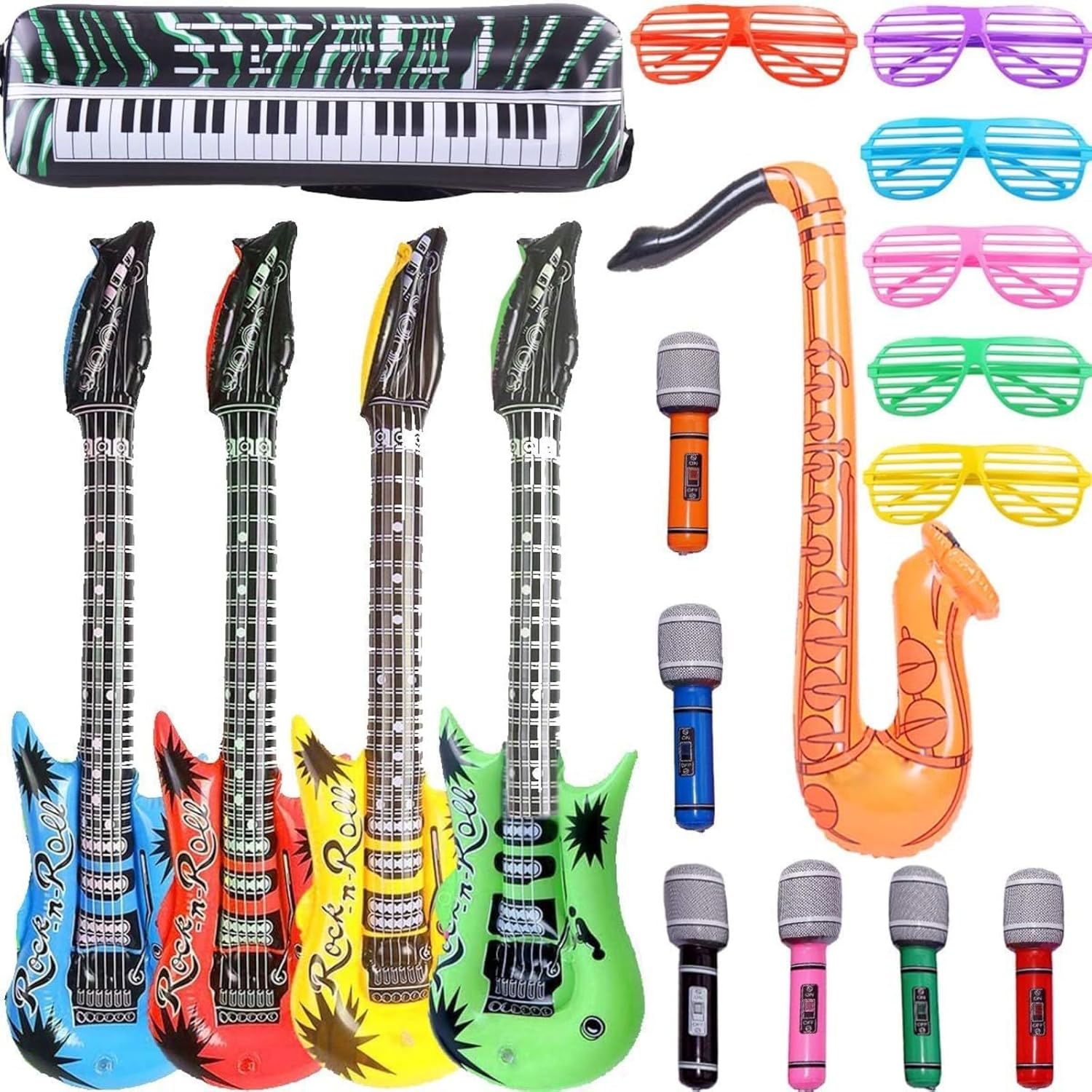 Inflatable Rock Star Toy Set - 18 Pack Inflatable Party Props, 4 Guitar, 6 Microphones, 6 Shutter Shading Glasses, 1 Saxophone and 1 Keyboard Piano Inflatable Rock Toys