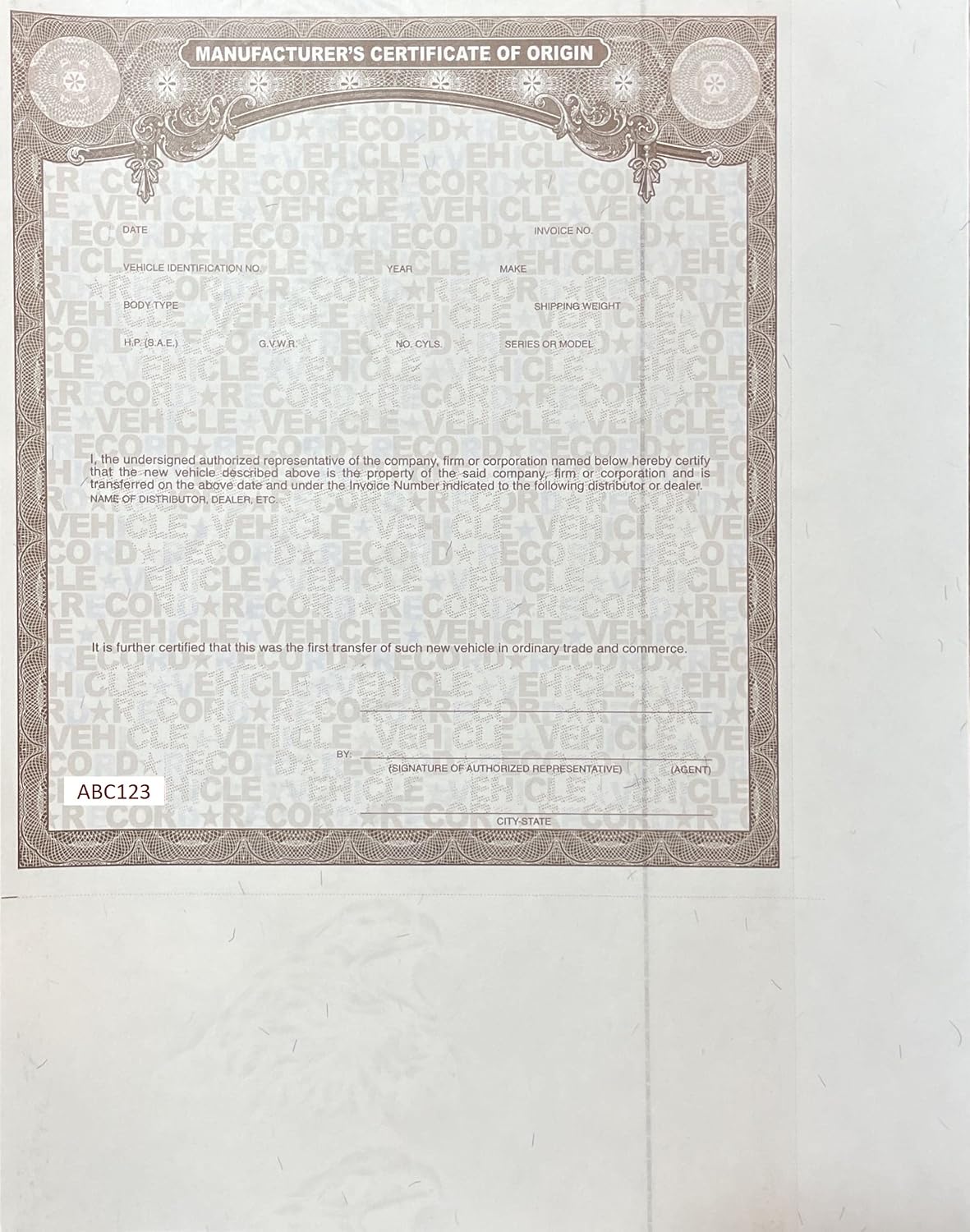 6 ea. Manufacturer Certificate of Origin MCO/MSO for Motor Vehicle/Trailer/Motorcycle - New