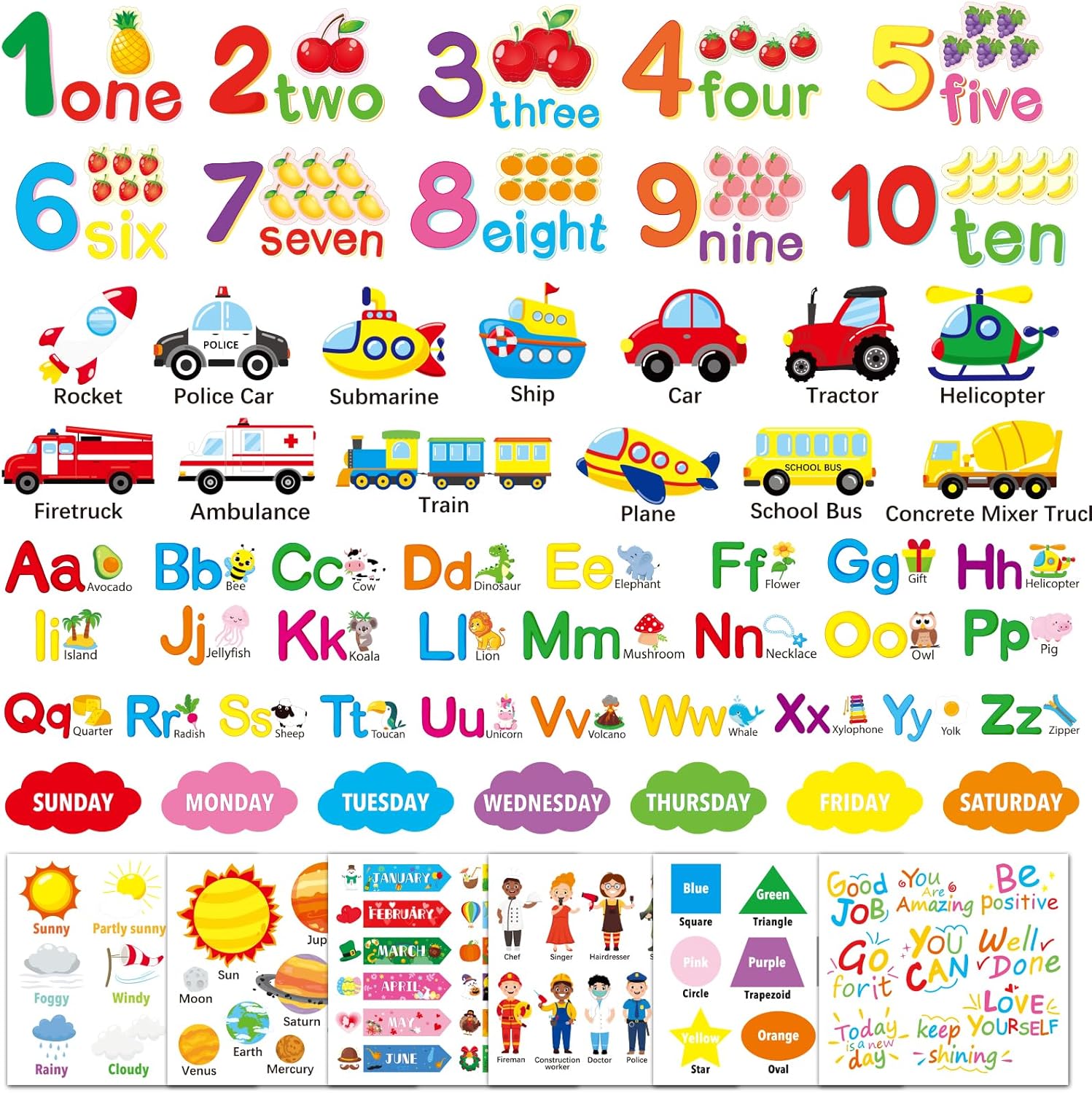FindFunFine Numbers Alphabet Wall Decals 12 Sheets Learning Educational Color Weather Wall Stickers Peel and Stick Solar System Shape Wall Decals for Kids Classroom Playroom Bedroom Wall Decor