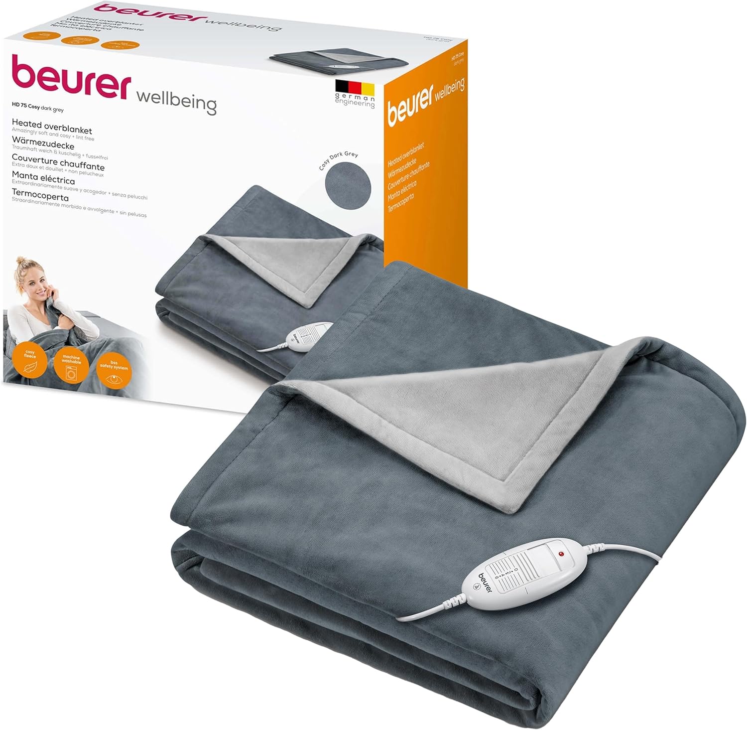 Beurer HD75 Electric Blanket with 6 Temperature Settings, Soft Heated Throw for Cosy Sofa Nights, Automatic Switch-Off & Safety System, Machine-Washable, Grey, 180 x 130 cm, 100 watts