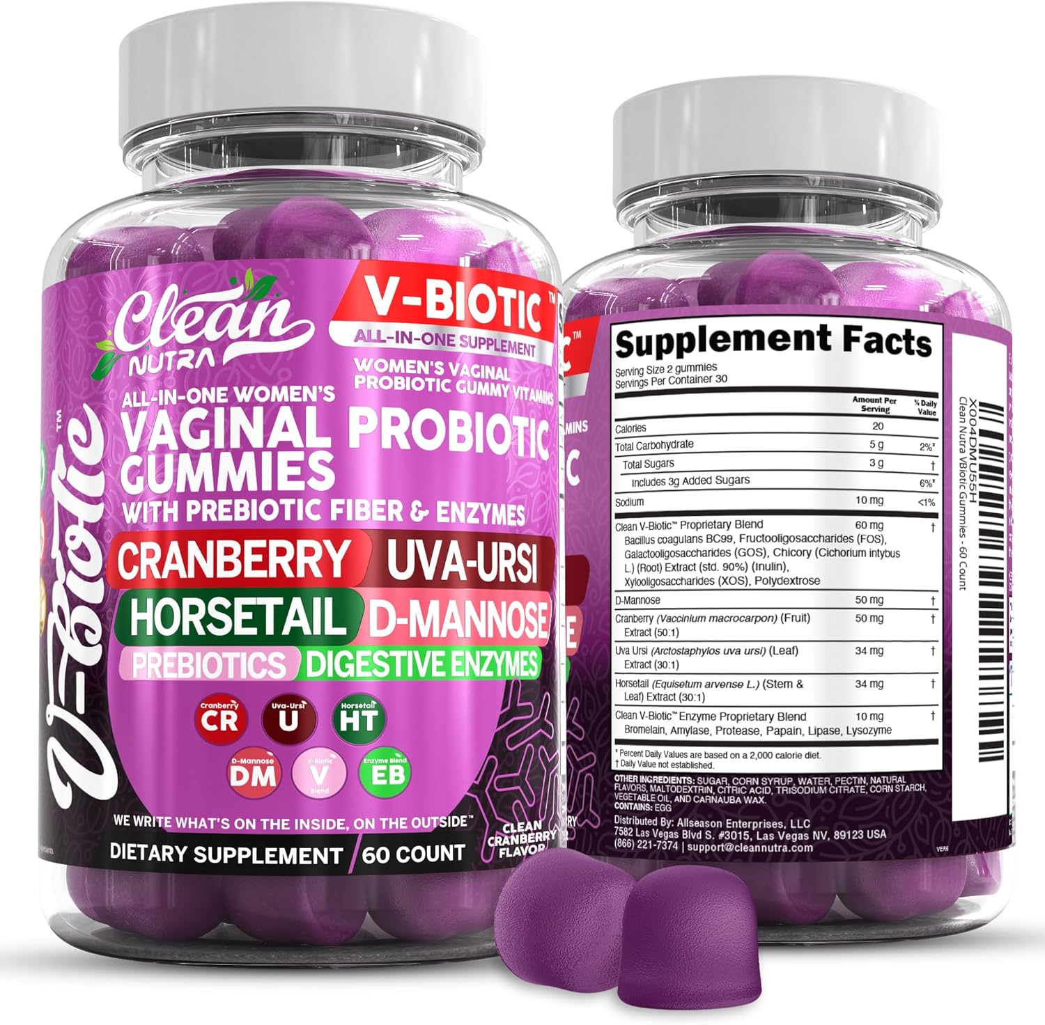 Clean Nutraceuticals Vaginal Probiotics for Women Gummies with Cranberry, Uva Ursi, Horsetail, D-Mannose, Prebiotics & Digestive Enzymes, Vaginal Health Supplement for pH Balance Flora Odor VBiotic