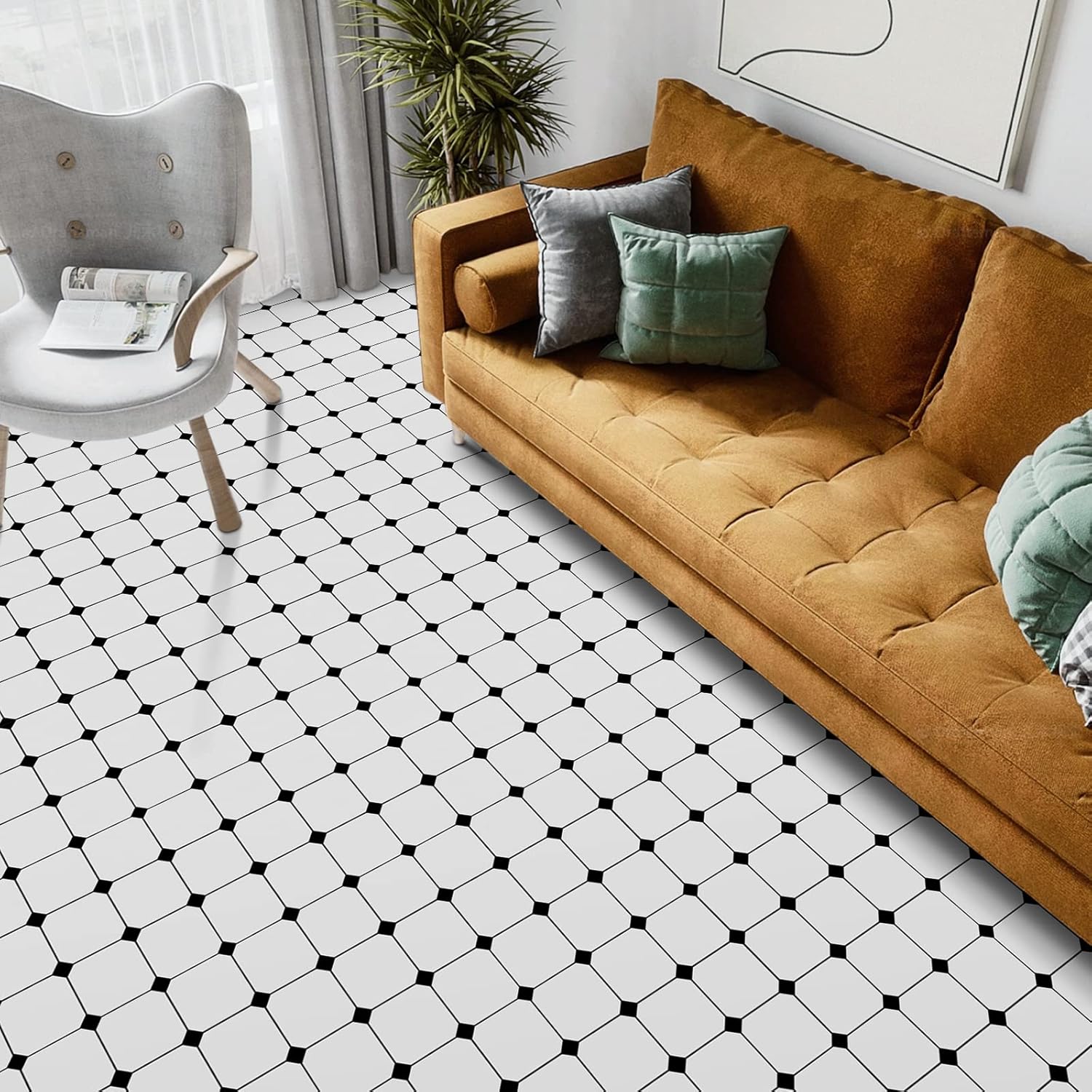 Elffloor Self Adhesive Floor Tiles Peel and Stick Floor Tiles White Diamond Bathroom Waterproof for Kitchen Living Room 30x30cm 10pcs