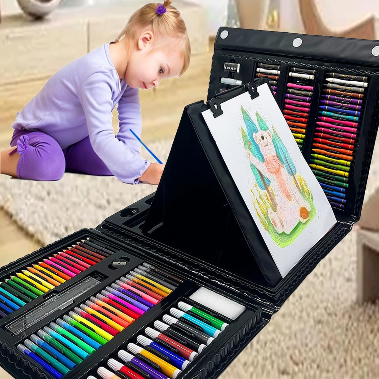XDISHYN 208 Art Supplies Kit with Double Sided Trifold Easel, Oil Pastels, Crayons, Colored Pencils, Watercolor Pens - Gift for Kids & Adults