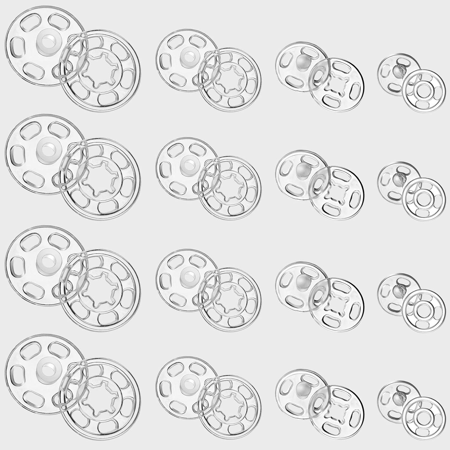 Chuangdi 100 Pairs Press Studs Snap Fasteners, Sew on Snap Buttons, Clear Plastic Poppers Fasteners for Clothes Purse Handbag Craft DIY Craft Supplies, 4 Assorted Sizes (7/12/15/21 mm)