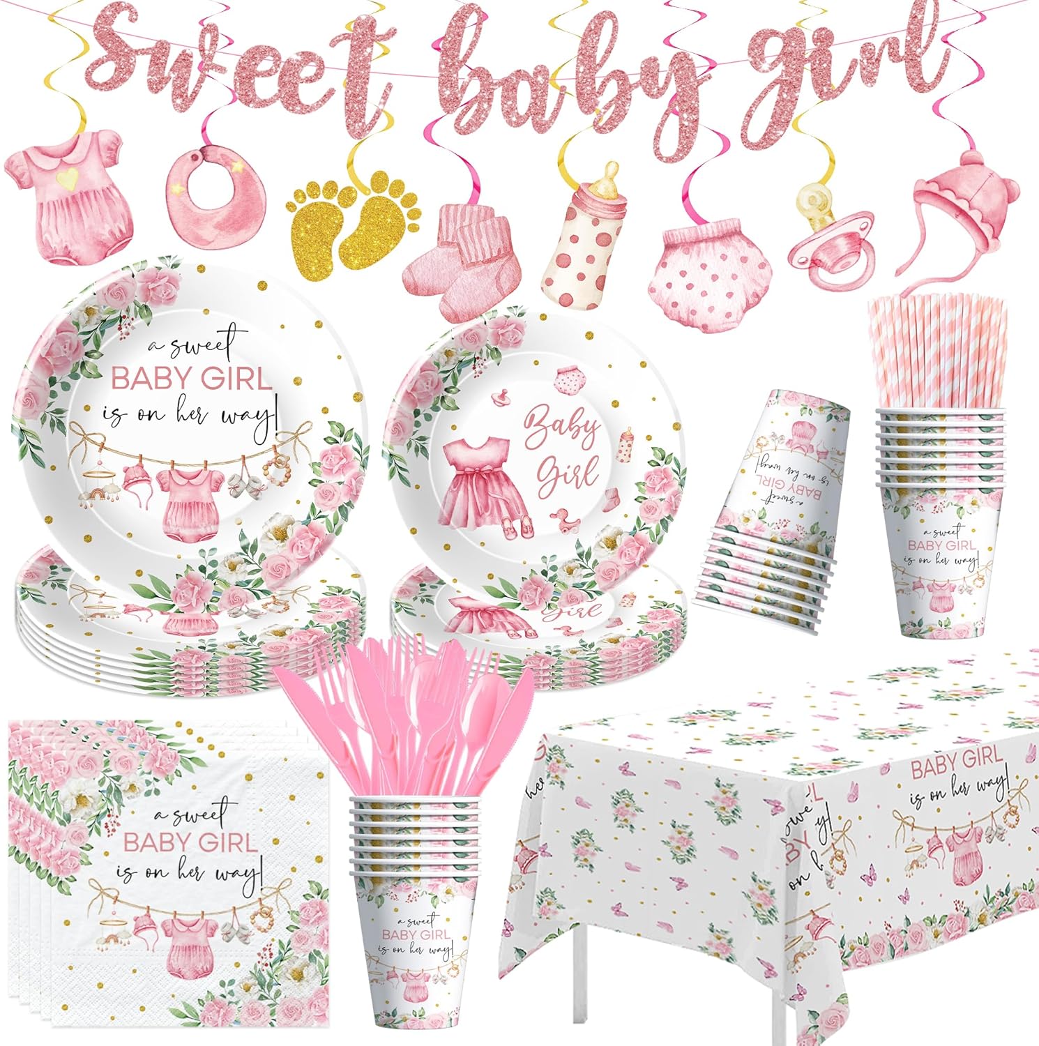 Pink Baby Girl Baby Shower Decorations, Floral Sweet Baby Girl Party Supplies, Plate, Napkin, Cup, Tablecloth, Banner, Swirls, Cutlery, Girl Gender Reveal Table Decorations, Serves 24