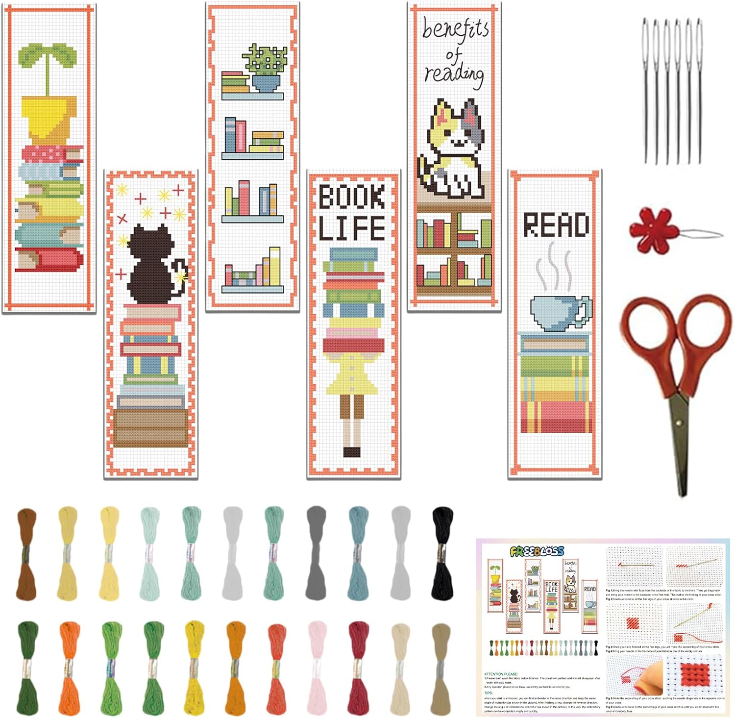 FREEBLOSS 6 Set Cross Stitch Bookmark Kit - Cute Stamped Embroidery Bookmarks with Instructions - 8''x2.4''