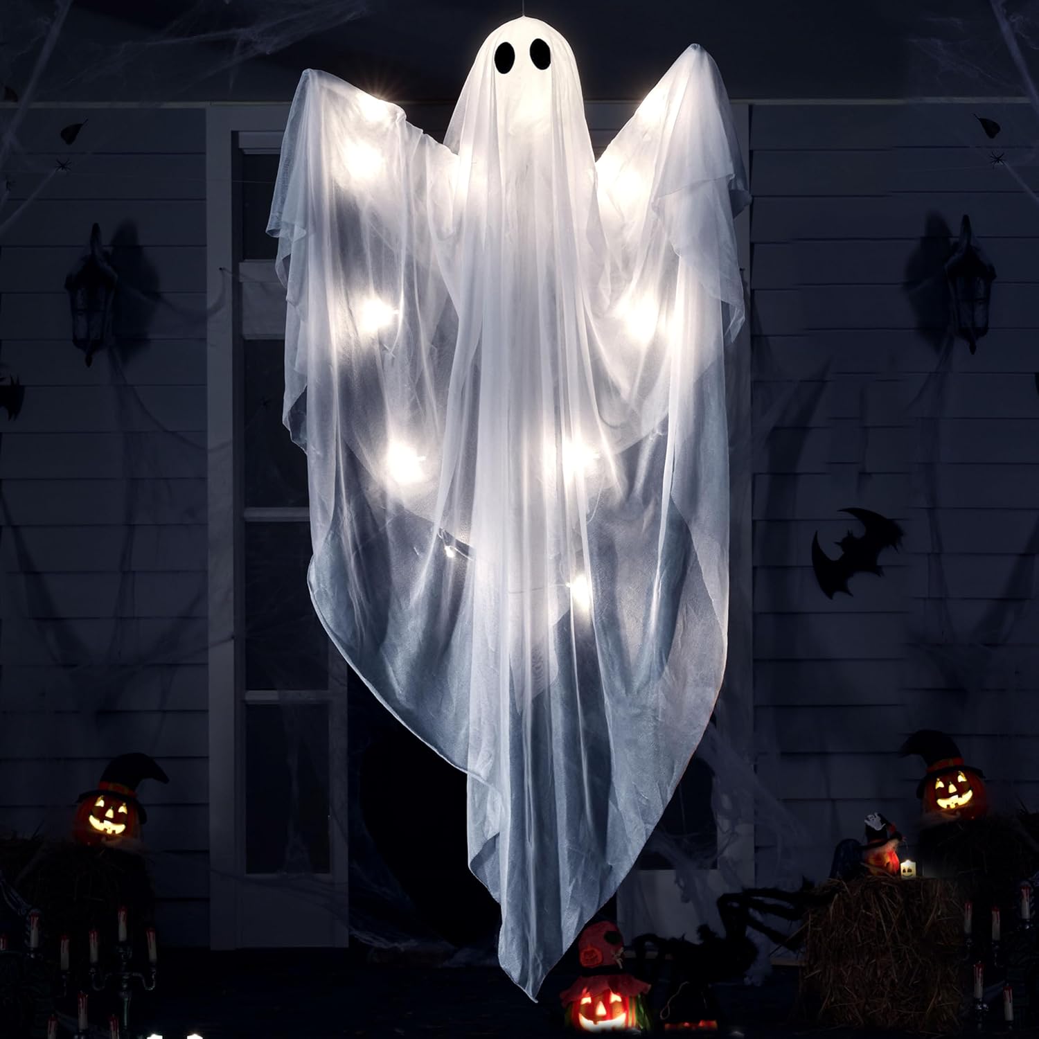 JOYIN Halloween Hanging Light up Ghost with Spooky White LED Light, 47” Halloween Hanging Ghost Decoration for Front Yard Patio Lawn Garden Party Decor Indoor Outdoor