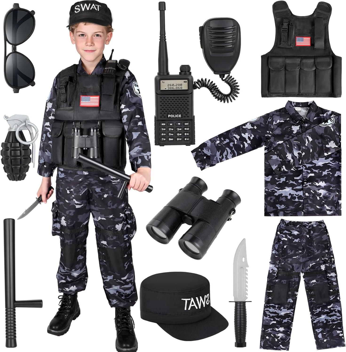 Luucio SWAT Police Costume for Kids, Kids Police Officer Costume for Boys with SWAT Vest, Halloween Costumes for Boys Girls