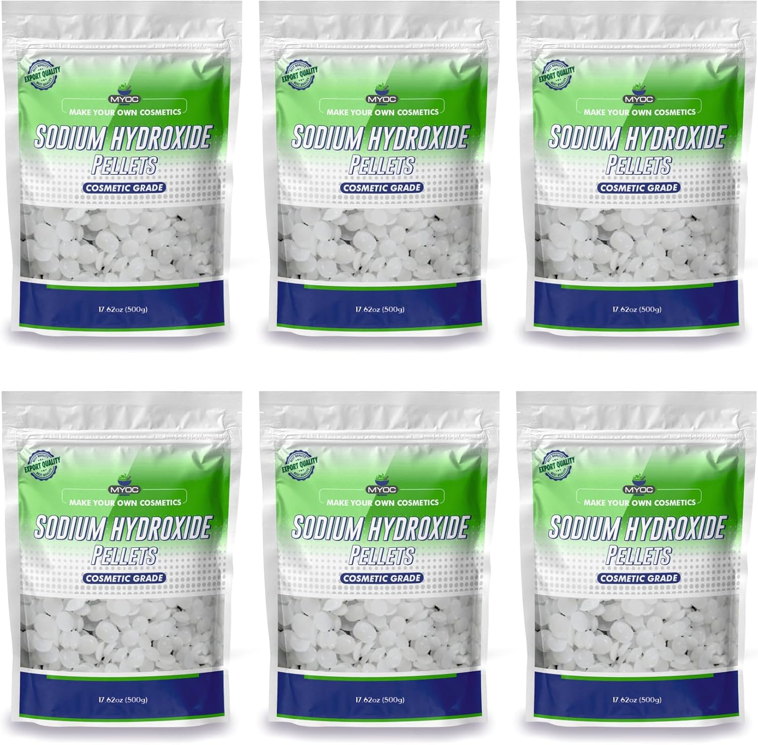 MYOC Sodium Hydroxide Pellets | 6 Pack | Cosmetic Grade Lye for Cold Process Soap Making | 17.50 oz (500g)