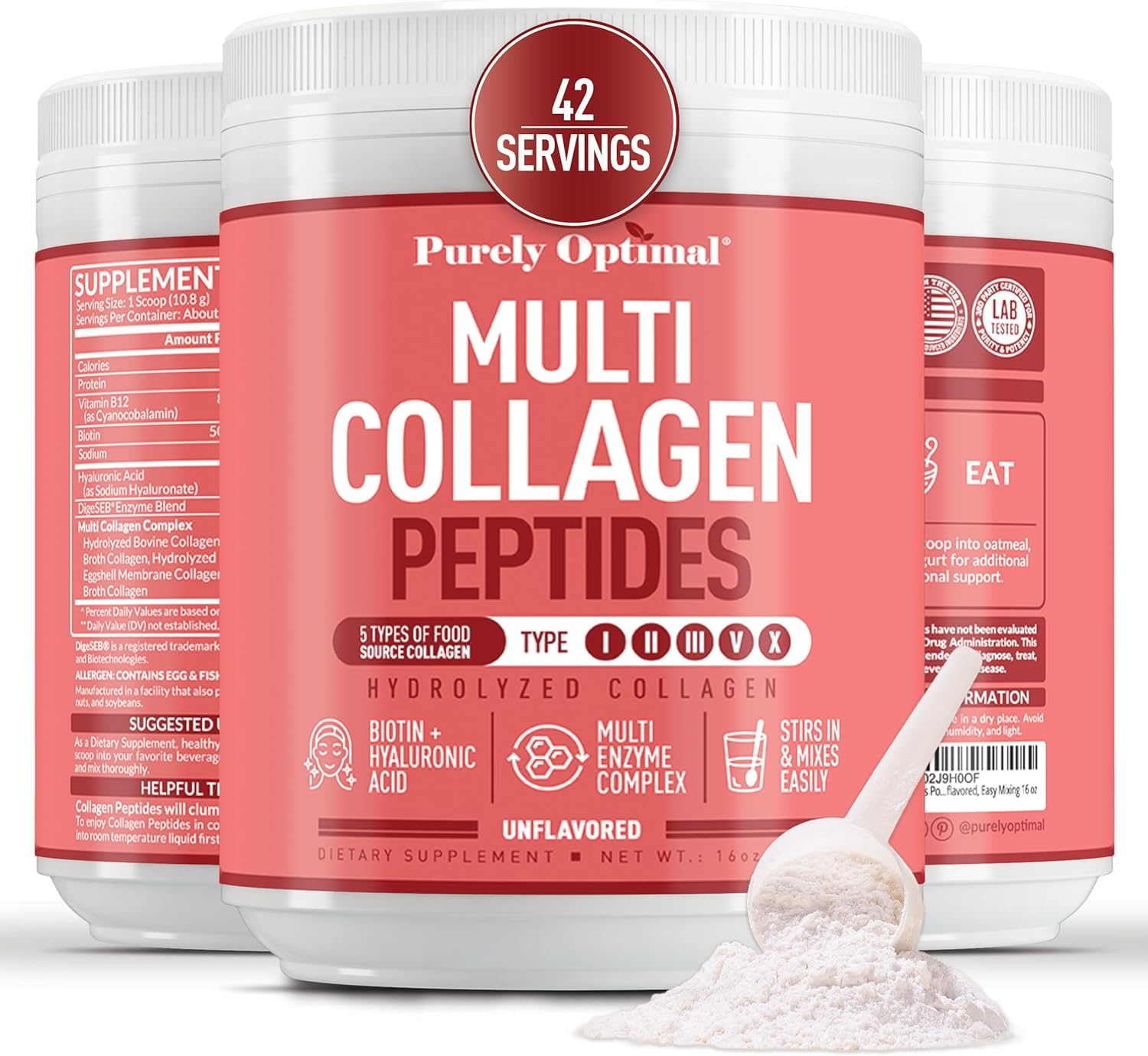 Purely Optimal Multi Collagen Powder for Women - 5 Types Hydrolyzed Collagen Peptides with Biotin & Hyaluronic Acid for Hair, Skin, Nails, Bones & Joints - Unflavored, Easy Mixing, 42 Servings