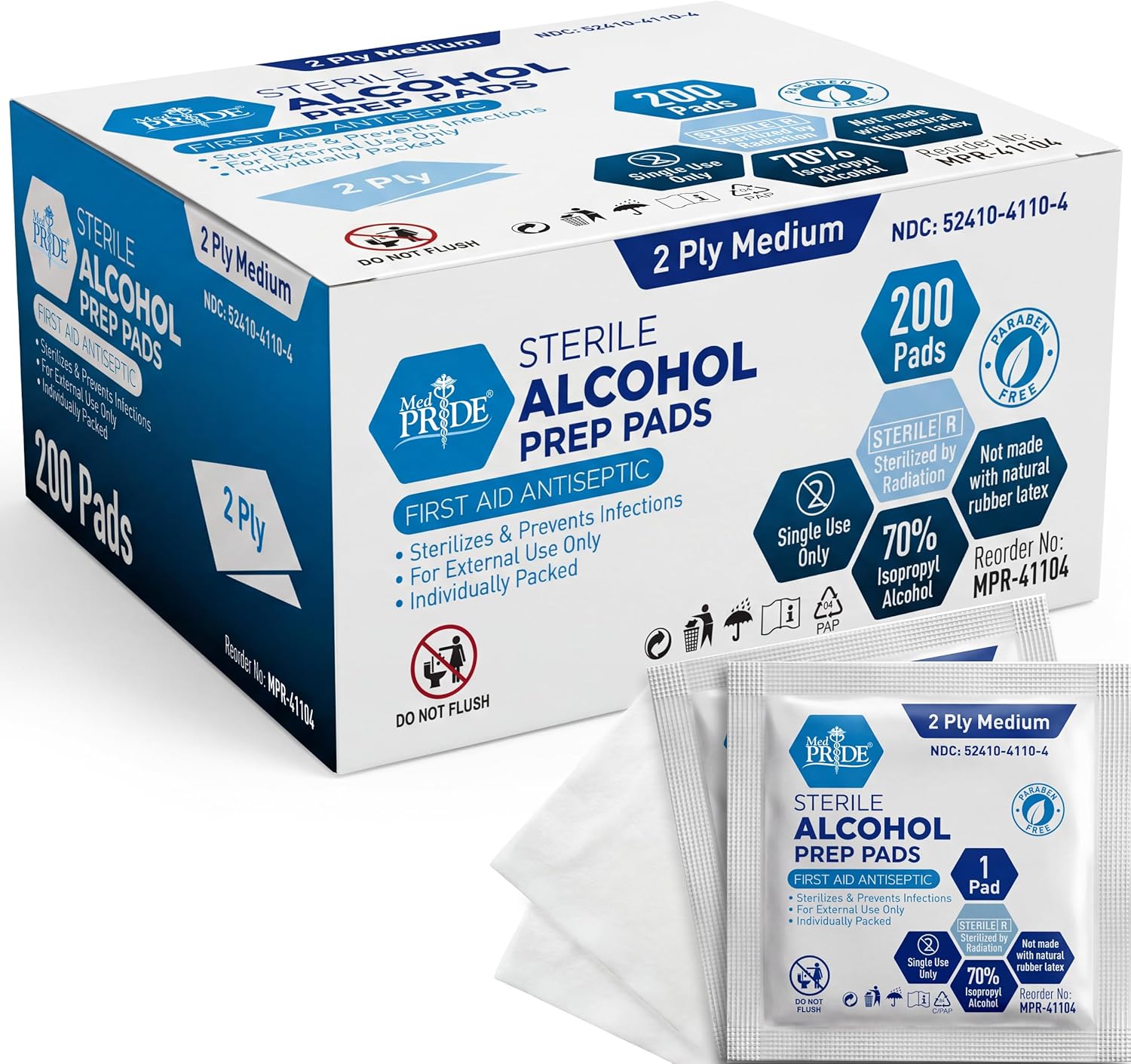 MED PRIDE Sterile Alcohol Prep Pads, Antiseptic, 70% Isopropyl, Individually Wrapped, Medical Grade 2 Ply Wipes (200 Count (Pack of 1) White)