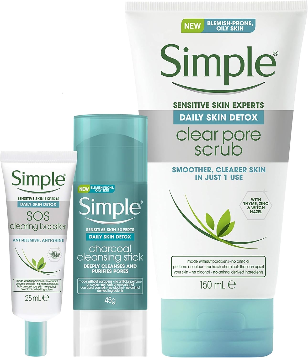 Simple Daily Detox 3 Step Regime For Oily Skin: Charcoal Cleansing Stick, Clear Pore Scrub and Sos Booster GEL1 Units- Amazon Exclusive