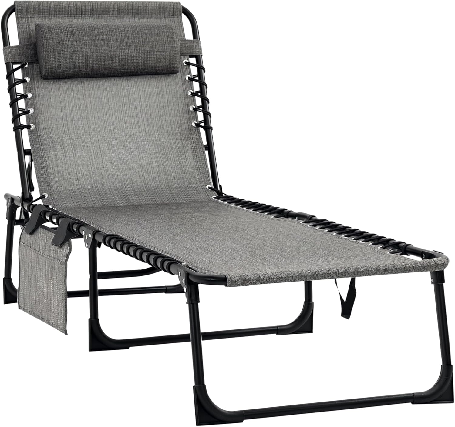 Outsunny Reclining Chaise Lounge Chair, Portable Sun Lounger, Folding Camping Cot with Adjustable Backrest and Removable Pillow, for Patio, Garden, Beach, Gray