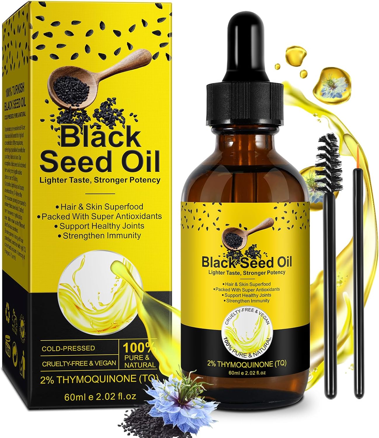 Black Seed Oil | 100% Pure, Natural And Premium Cold Pressed | Best For Hair Growth & Skin Care & Protect Joints - Strong From Virgin Organic Blackseed Nigella Sativa Seeds Oil (60Ml)