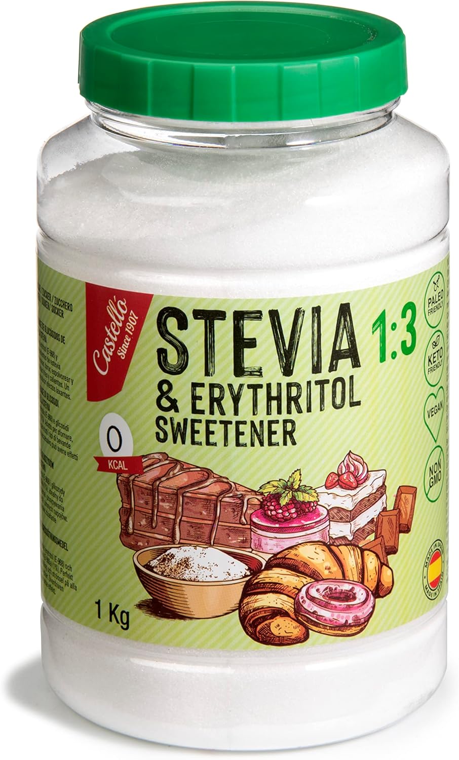 Castello since 1907 Stevia + Erythritol 1:3 Sweetener | 1g = 3g of sugar | 100% Natural Sugar Substitute - 0 Calories - 0 Glycemic Index - Keto and Paleo - 0 Net Carbohydrates - Non-GMO - 1kg