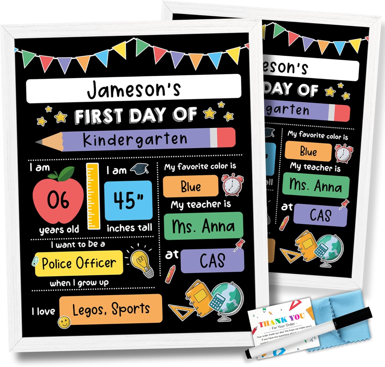 First Day of School Board Sign with Wooden Frame, Liquid Chalk Marker and Wipe Cloth - 14”x11” Double-Sided & Reusable Chalkboard - Back to School Wooden Board for Kindergarten Preschool
