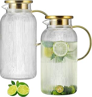 2 PACK Glass Pitcher with Lid, 68 oz/ 2 Liter Classic Vertical Stripes Water Pitcher,Glass Water Carafe for Cold Brew, Coffee, Lemonade, Iced Sun Tea,Beverage, Milk, Heat Resistant