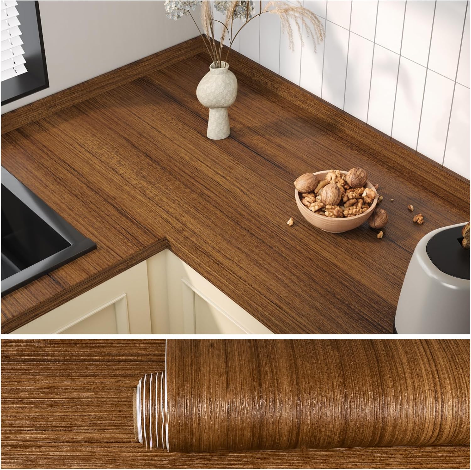 VEELIKE 15.7''x118'' Thick Brown Wood Contact Paper Wood Wallpaper Peel and Stick Textured Wood Grain Contact Paper for Countertops Cabinets Table Top Self Adhesive Wood Vinyl Wallpaper for Furniture