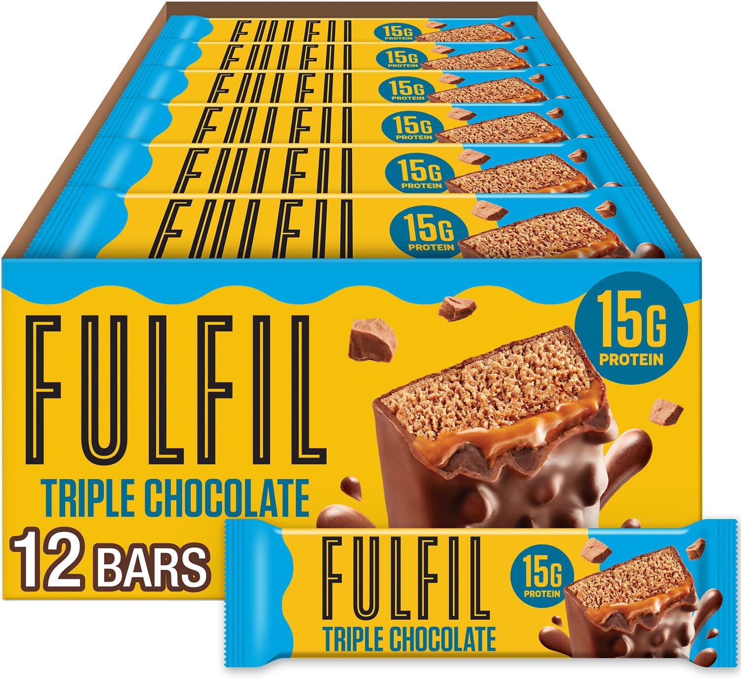 FULFIL Protein Snack Bars Flavored, Triple Chocolate, Gluten Free with 15g Protein, Pantry Staples, 12 Count